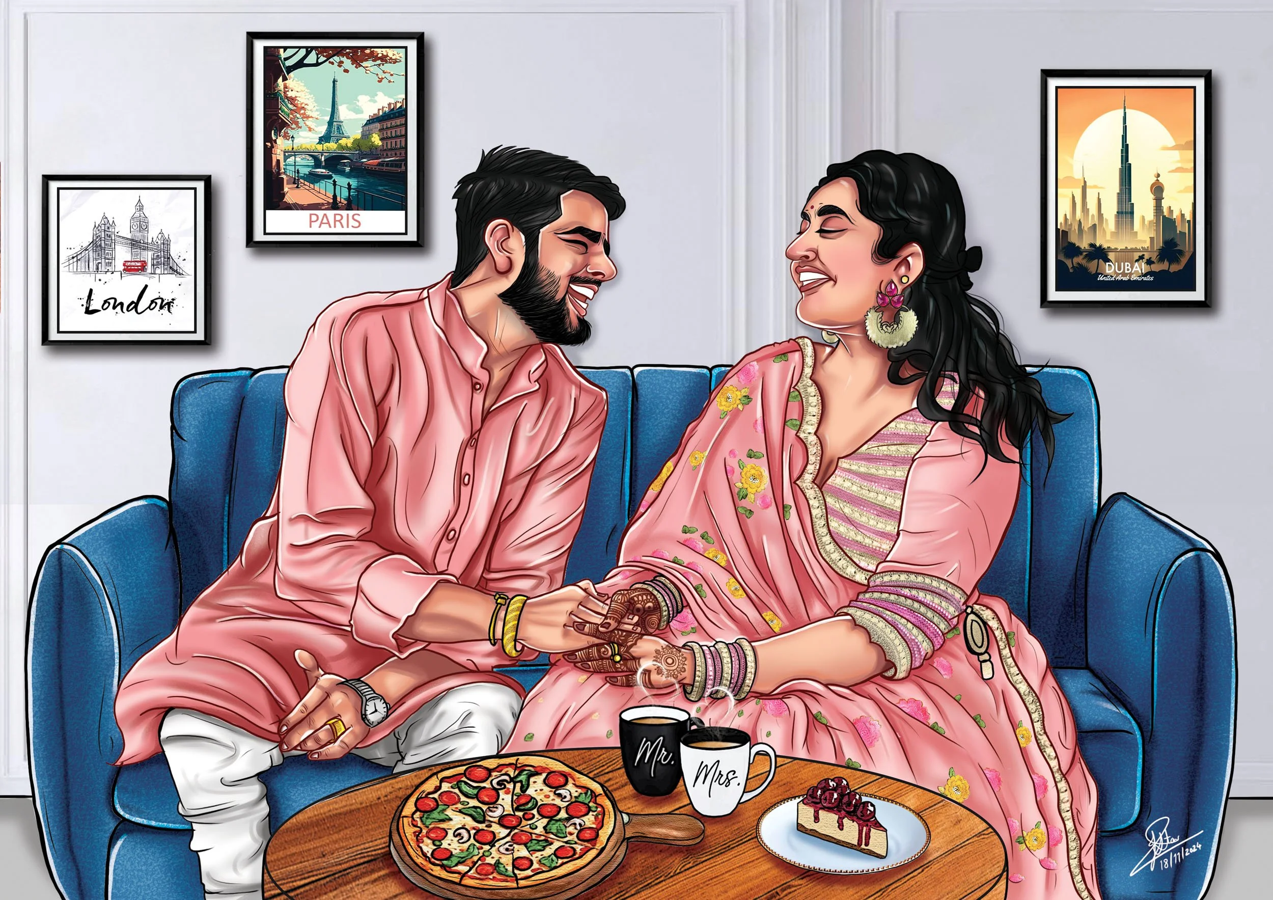 Drawing of a happy couple sitting on a blue sofa in a living room, holding hands and smiling at each other. The man has a beard and is dressed in traditional Indian attire. The woman is wearing a pink sari with floral embroidery, large earrings, and bangles. On the table in front of them are a pizza, two mugs labeled 'Mr.' and 'Mrs.', and a slice of cake with cherries. The background wall features framed pictures of famous cities including London, Paris, and Dubai.