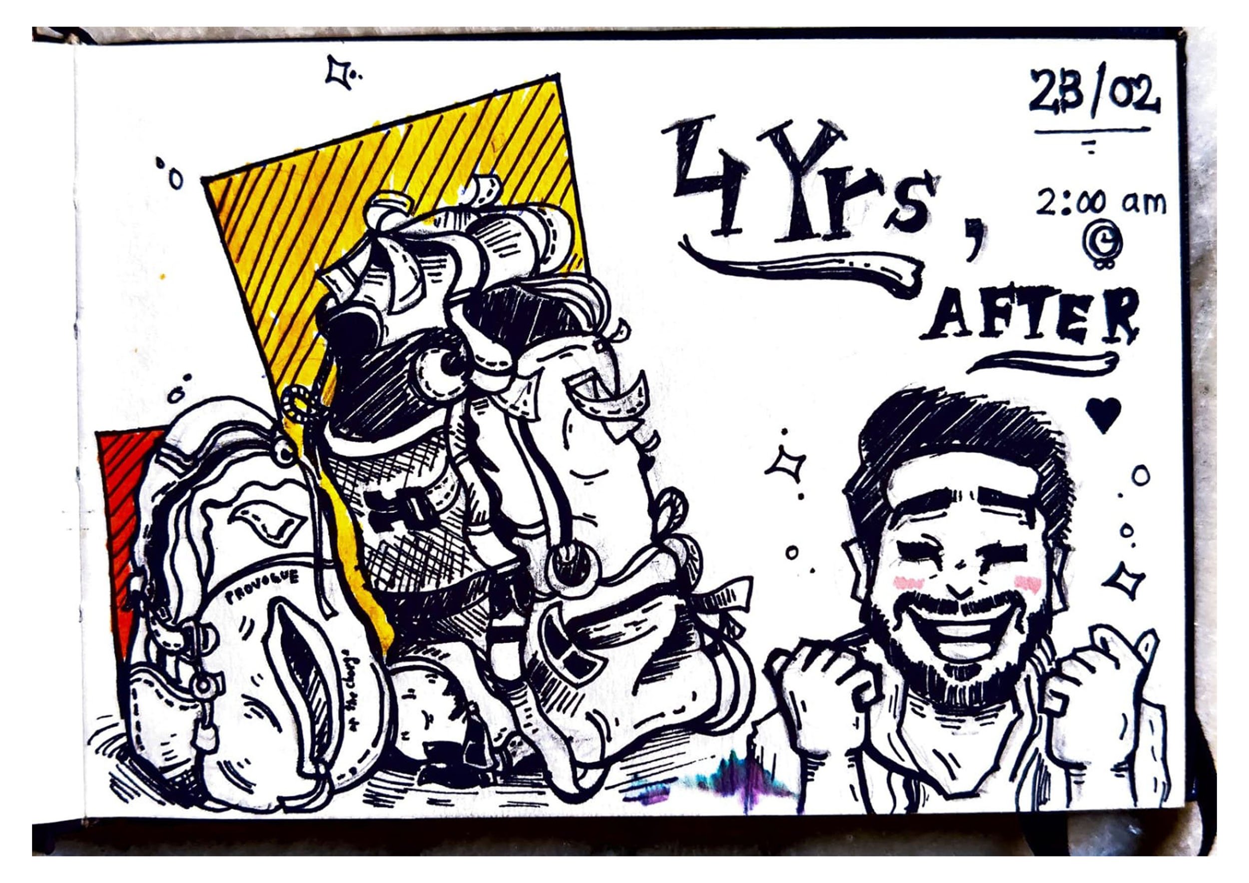 A hand-drawn cartoon-style illustration promoting a trip '4 Yrs, After' on February 23rd at 2:00 am. The drawing includes a smiling man with raised fists, a large backpack, and outdoor gear, indicating a travel or adventure theme, with colorful accents and decorative elements.