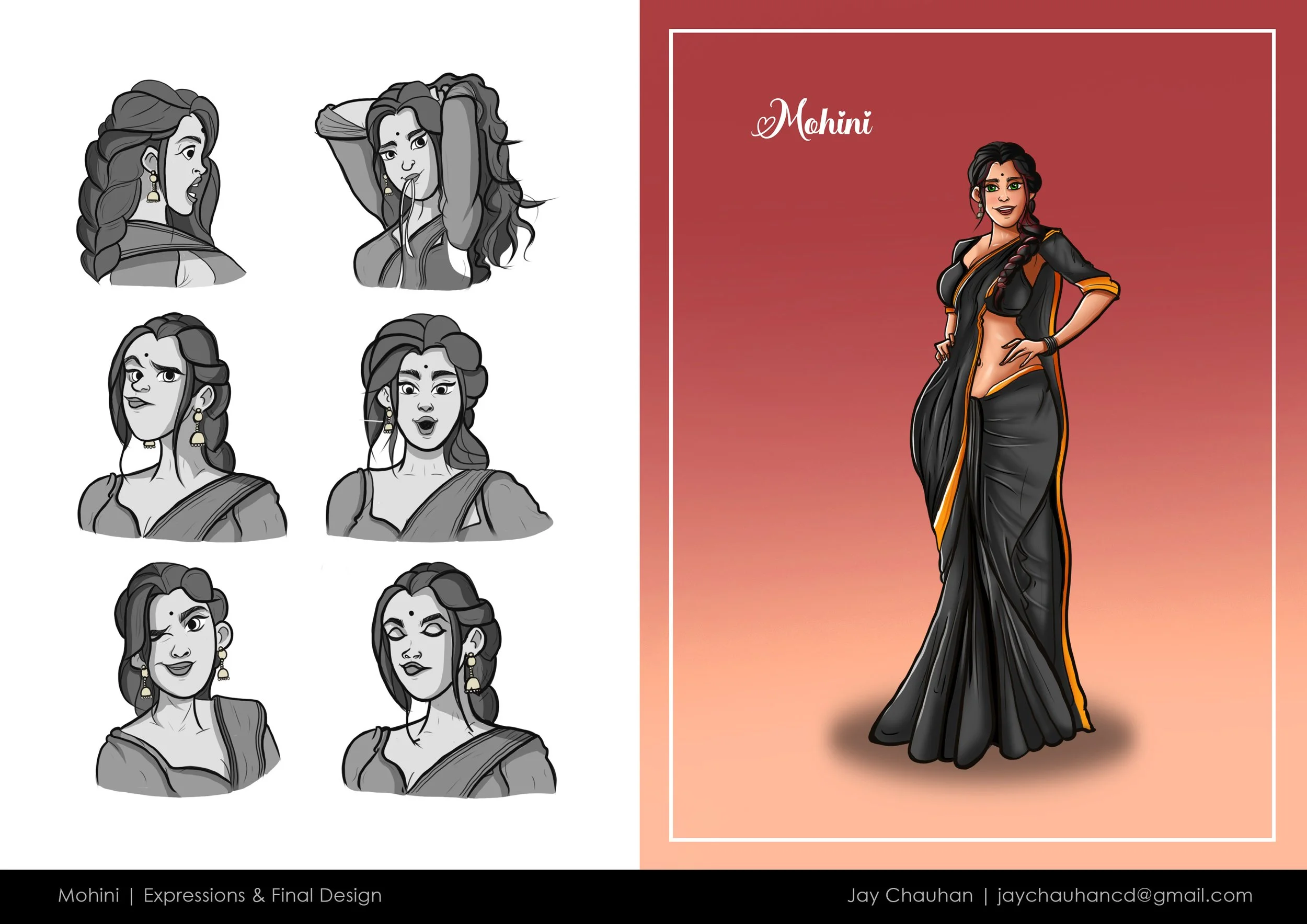 A digital illustration featuring six cartoonized facial expressions of a woman in traditional Indian attire, showing different emotions. To the right, there is a colored digital drawing of the same woman in a black saree with orange accents, posing confidently against a gradient background with a white border, labeled "Mohini."