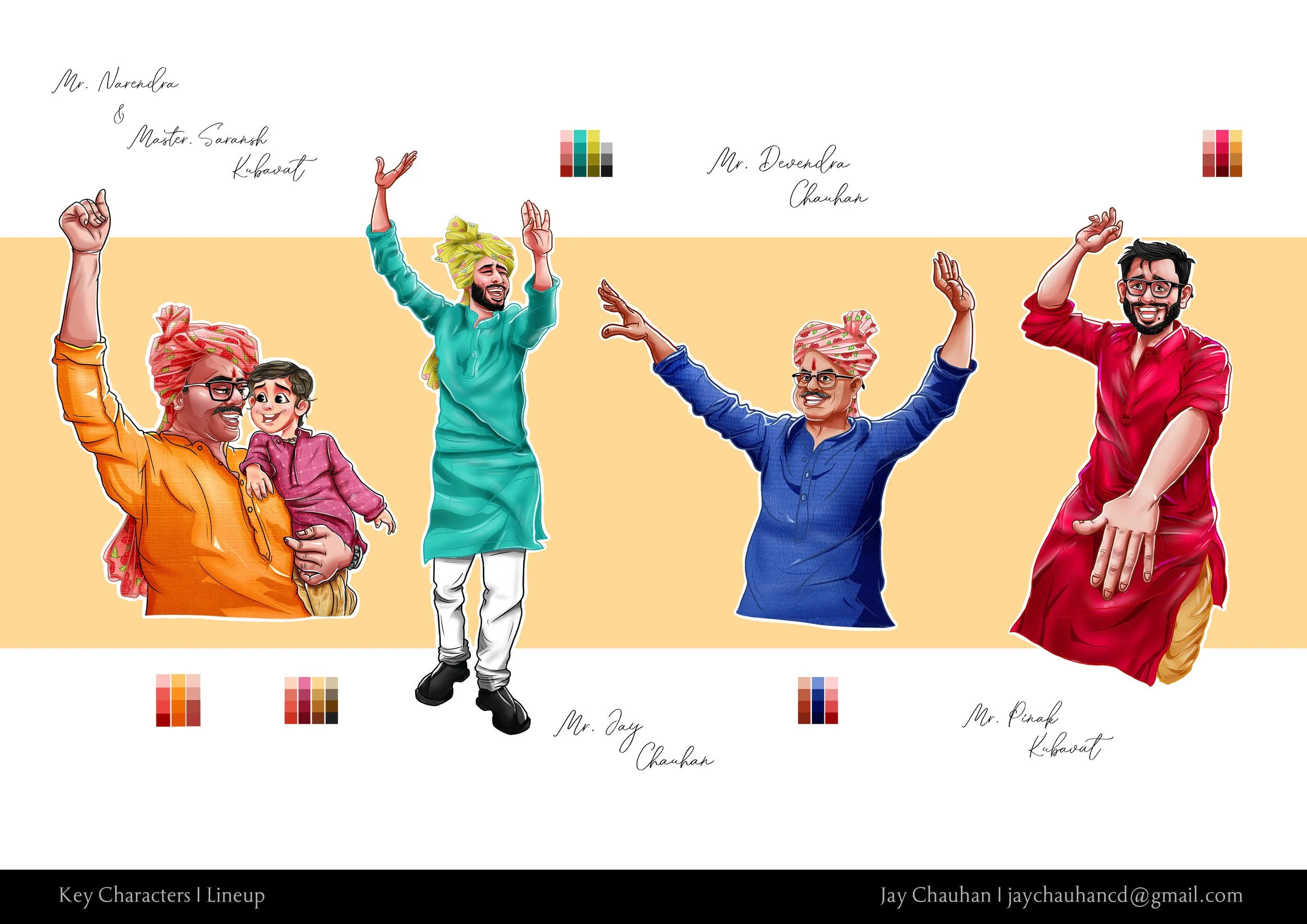 Digital illustration of five Indian people celebrating, with color swatches and signatures above and below. The group includes a man with glasses and a moustache holding a child, two men wearing turbans dancing, and another man with glasses in red traditional attire. The background has a beige middle section with white top and bottom sections.