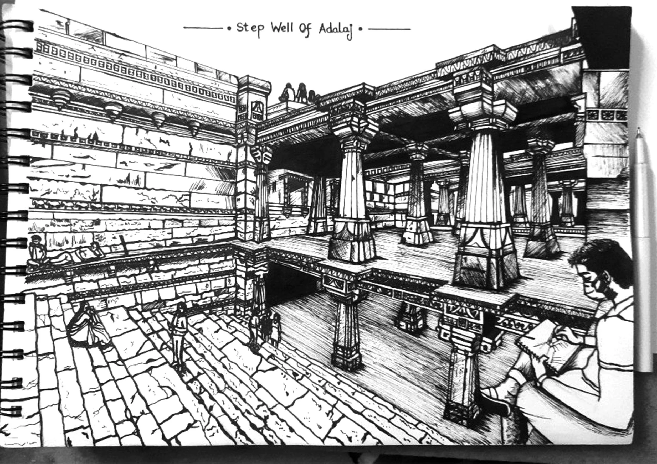 Black and white sketch of a historic building interior with stone walls, large columns, balconies, and several people, including a person sitting and reading, in a multi-level open space.