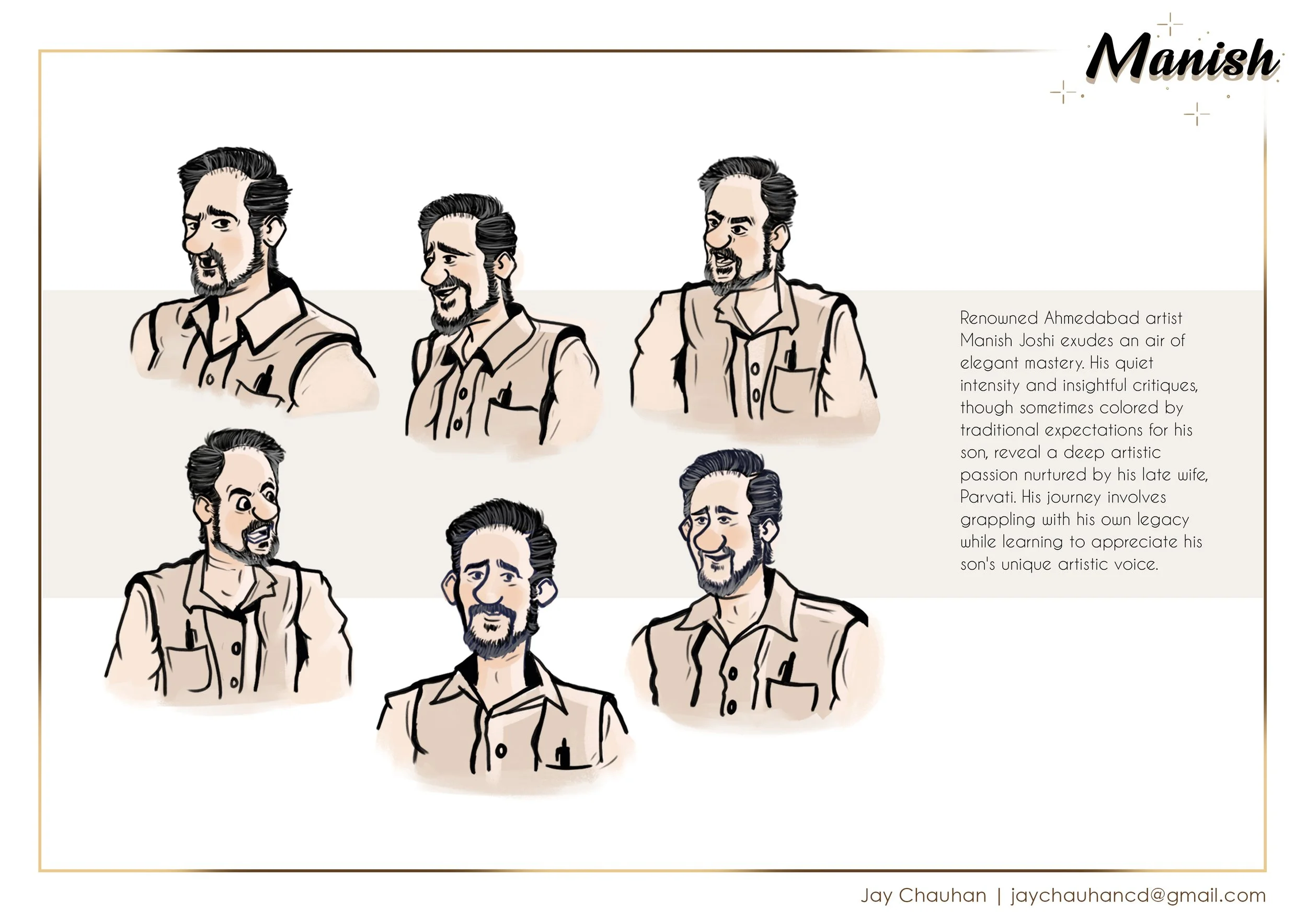 A digital illustration of six caricature portraits of Manish Joshi, an Ahmedabad artist, in various expressive poses, accompanied by a paragraph describing his artistic mastery, critiques, and personal journey.