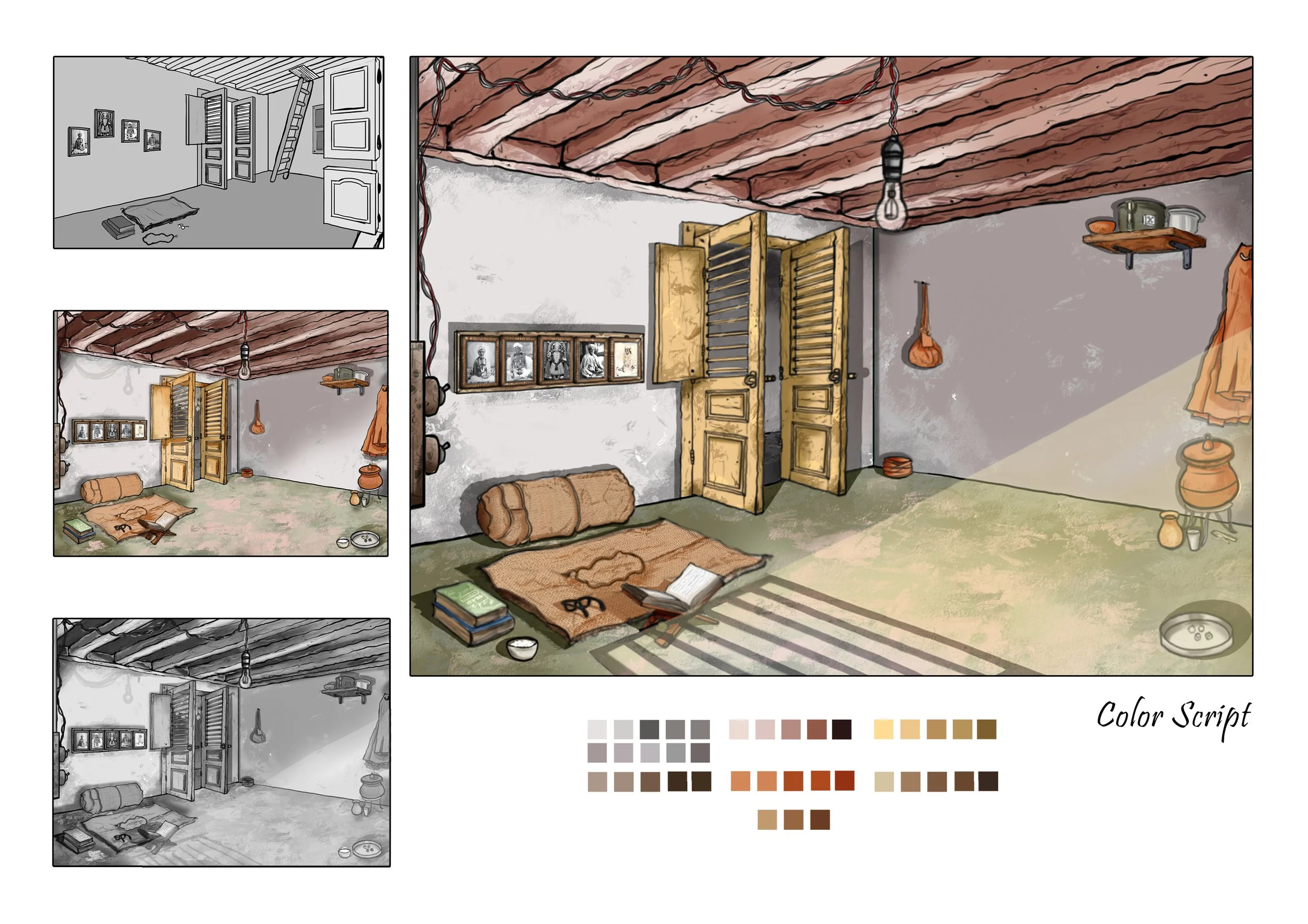 Digital color script of a rustic room with exposed wooden beams, open wooden shutters, various household items, framed photographs, and soft lighting, presented in three monochrome and grayscale versions alongside a colored version.