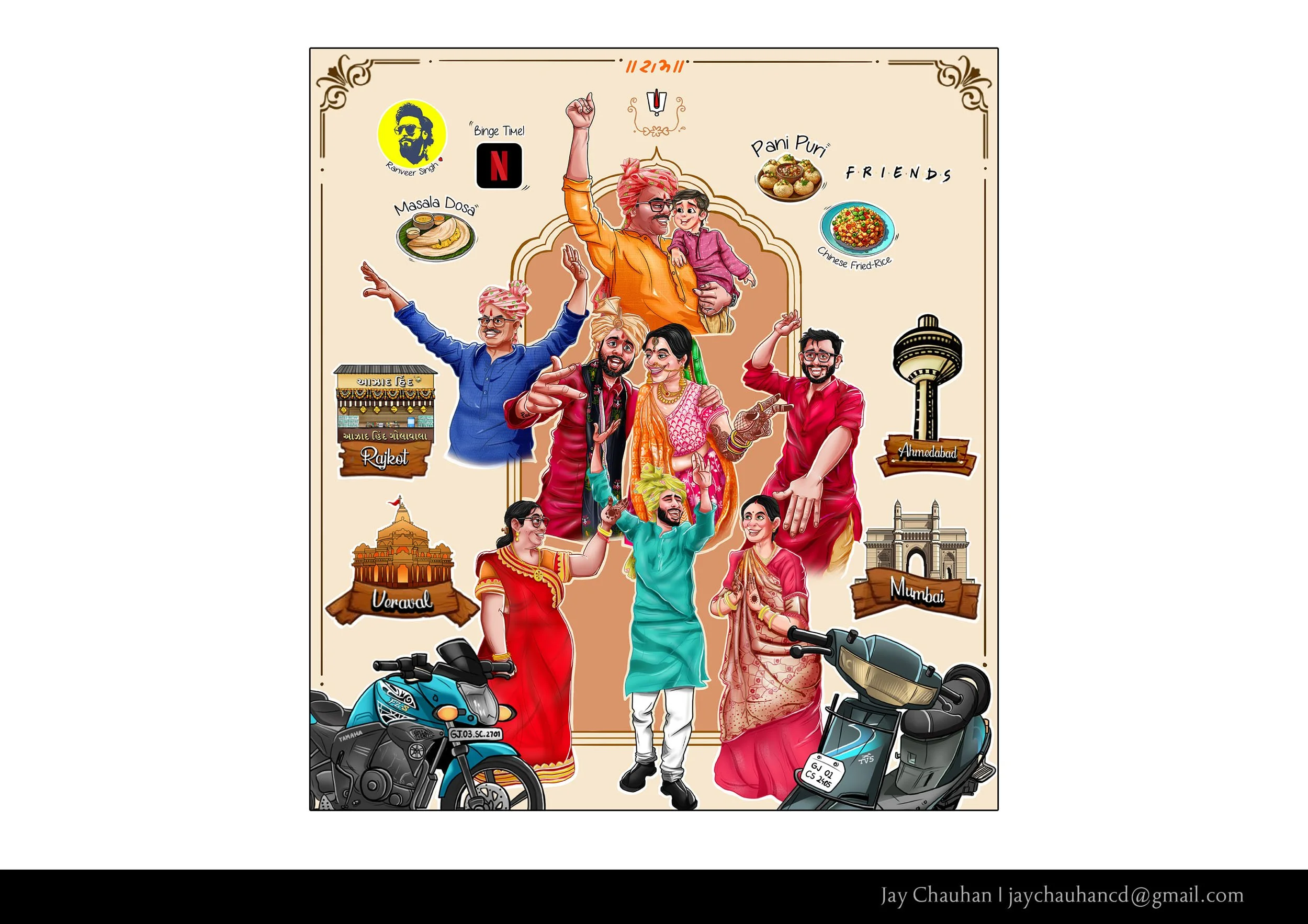Colorful illustrated collage of Indian culture depicting a group of people celebrating, traditional attire, iconic Mumbai landmark, motorcycle, scooter, and various Indian foods like Pani Puri and Masala Dosa, with event locations and symbols.