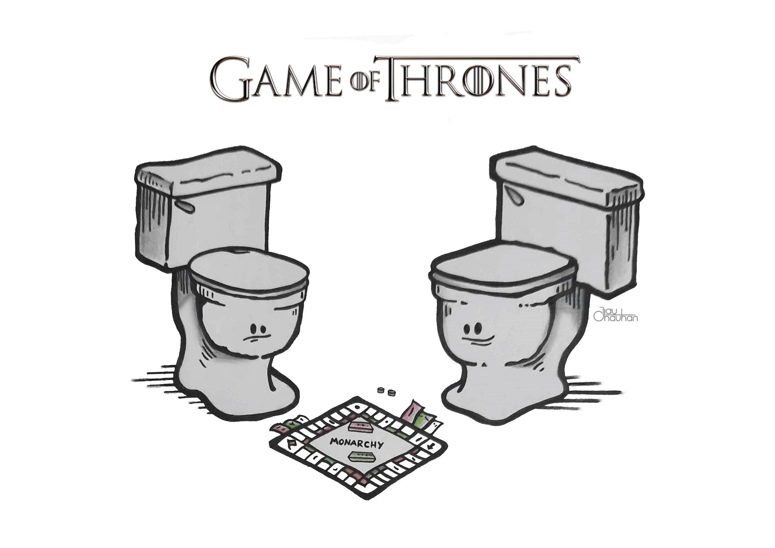 A cartoon illustration of two toilet bowls with smiling faces playing Monopoly, with the game board titled 'Monarchy' between them, symbolizing a political joke.