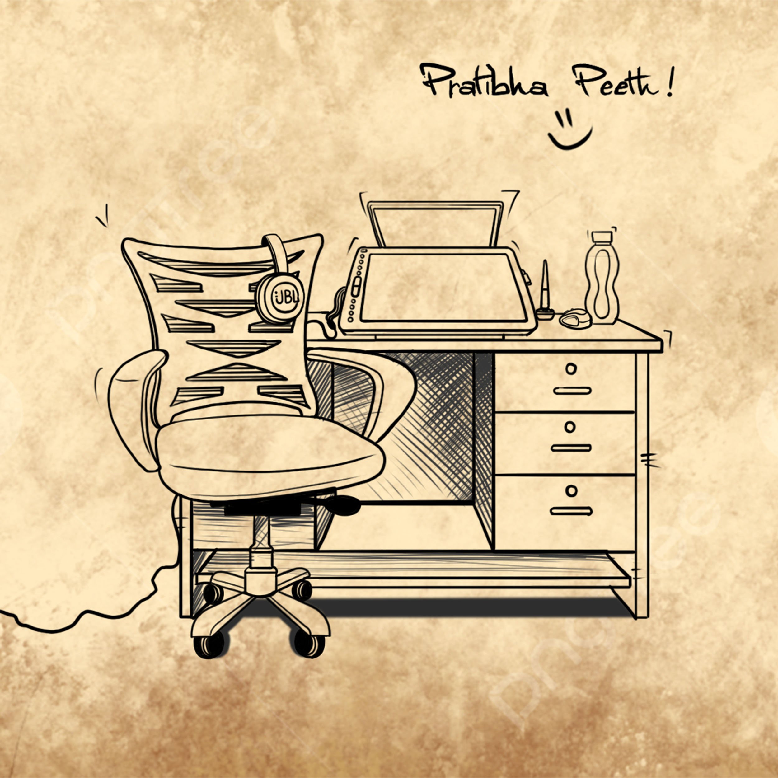A line drawing of a home office desk with an office chair, a laptop, a water bottle, a pen, and a mouse. The wall has a hand-written message in a different language with a smiley face.