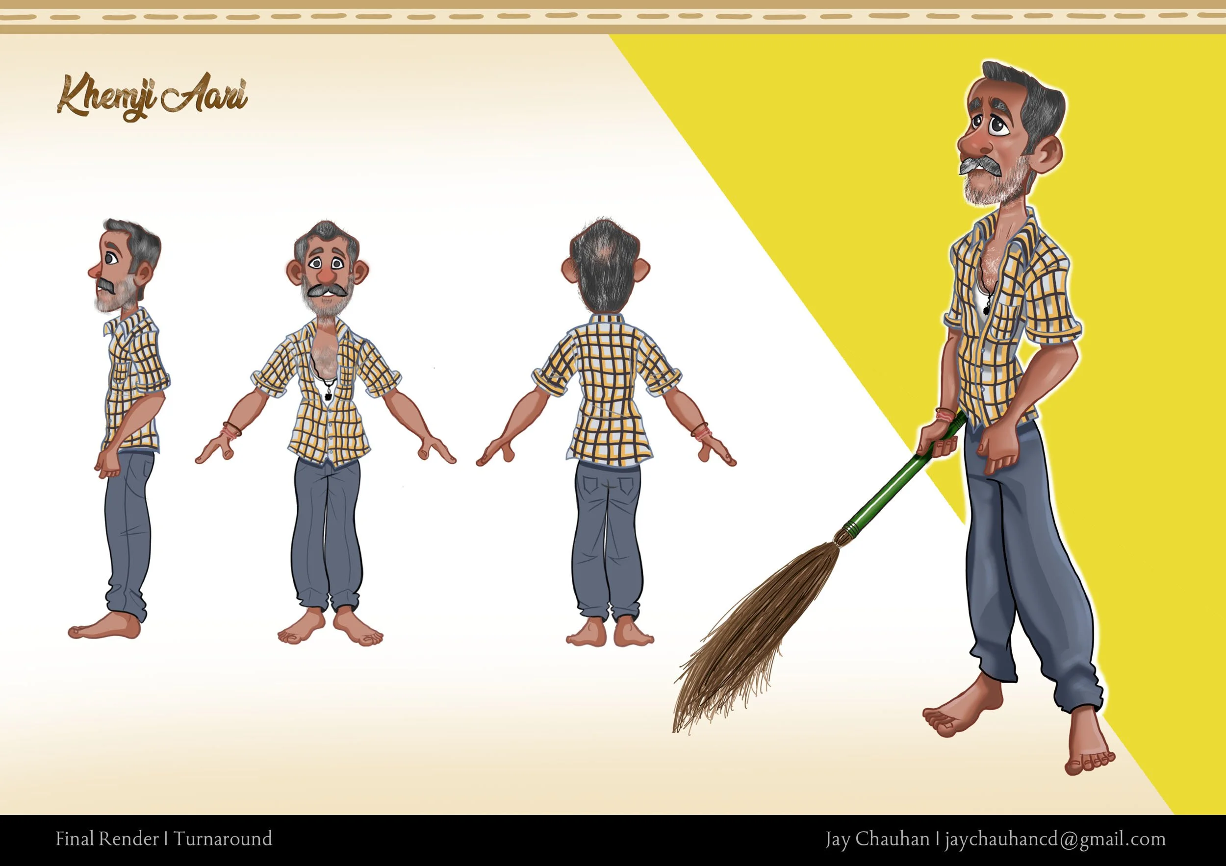 A character turnaround sheet of an animated man with gray hair and beard, wearing a yellow checkered shirt and blue pants, holding a broom. Multiple views include side, front, and back angles, with a large character illustration on the right side.