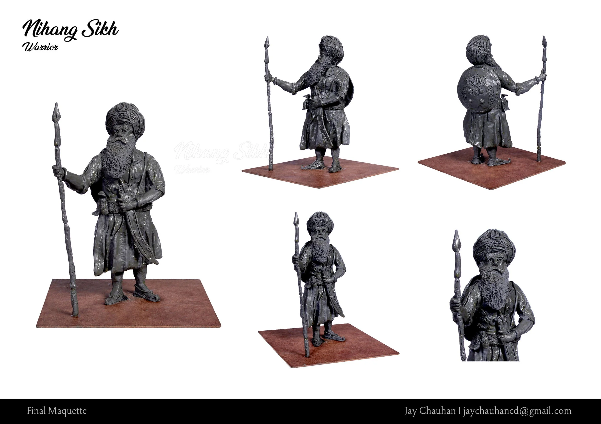 Bronze sculpture of Nihang Sikh warrior holding a spear and shield, wearing traditional attire with turban and beard, displayed from multiple angles on a wood base.
