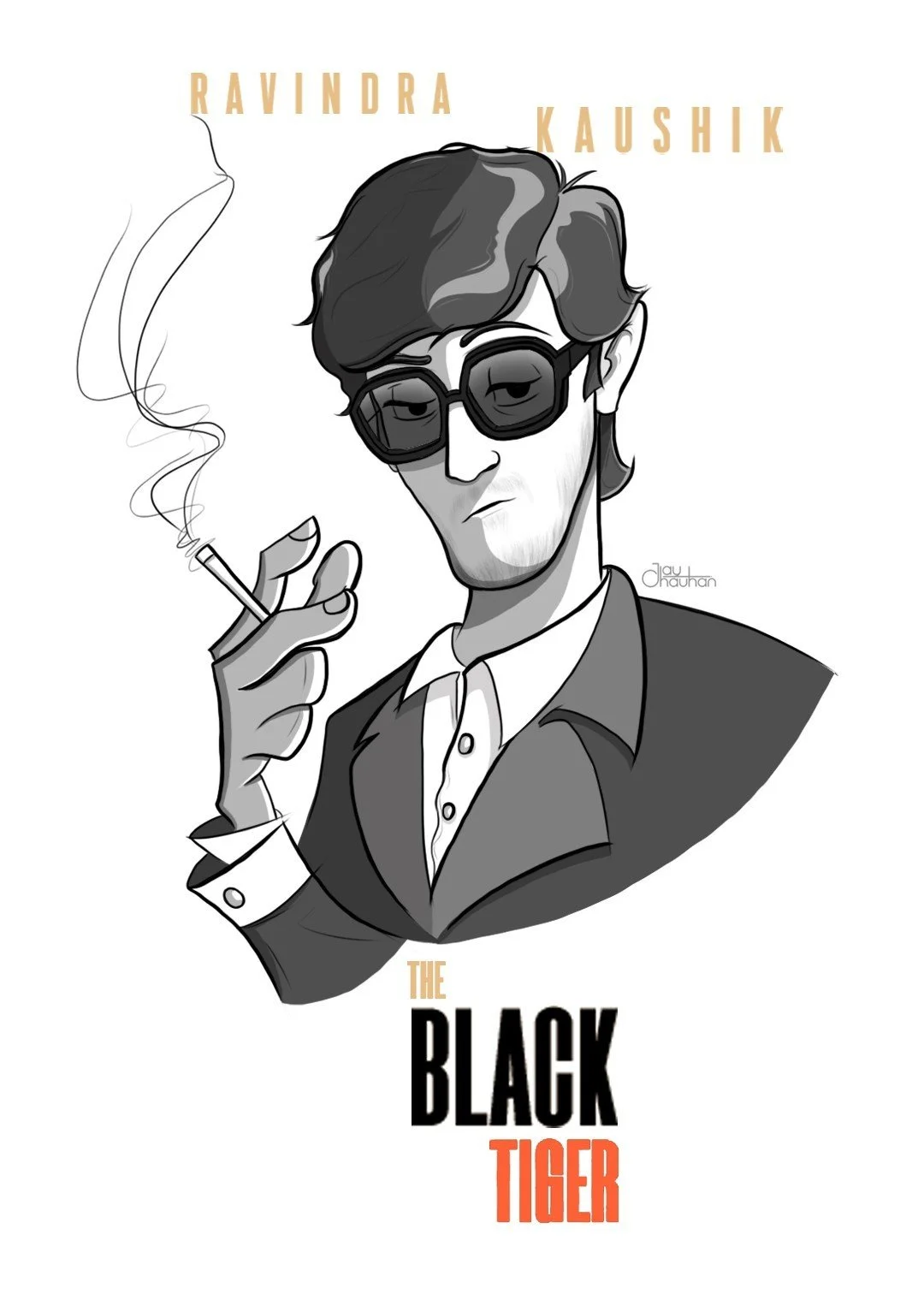 Black and white illustration of a man in sunglasses smoking a cigarette, with the text "RAVINDRA KAUSHIK" at the top and "THE BLACK TIGER" at the bottom.