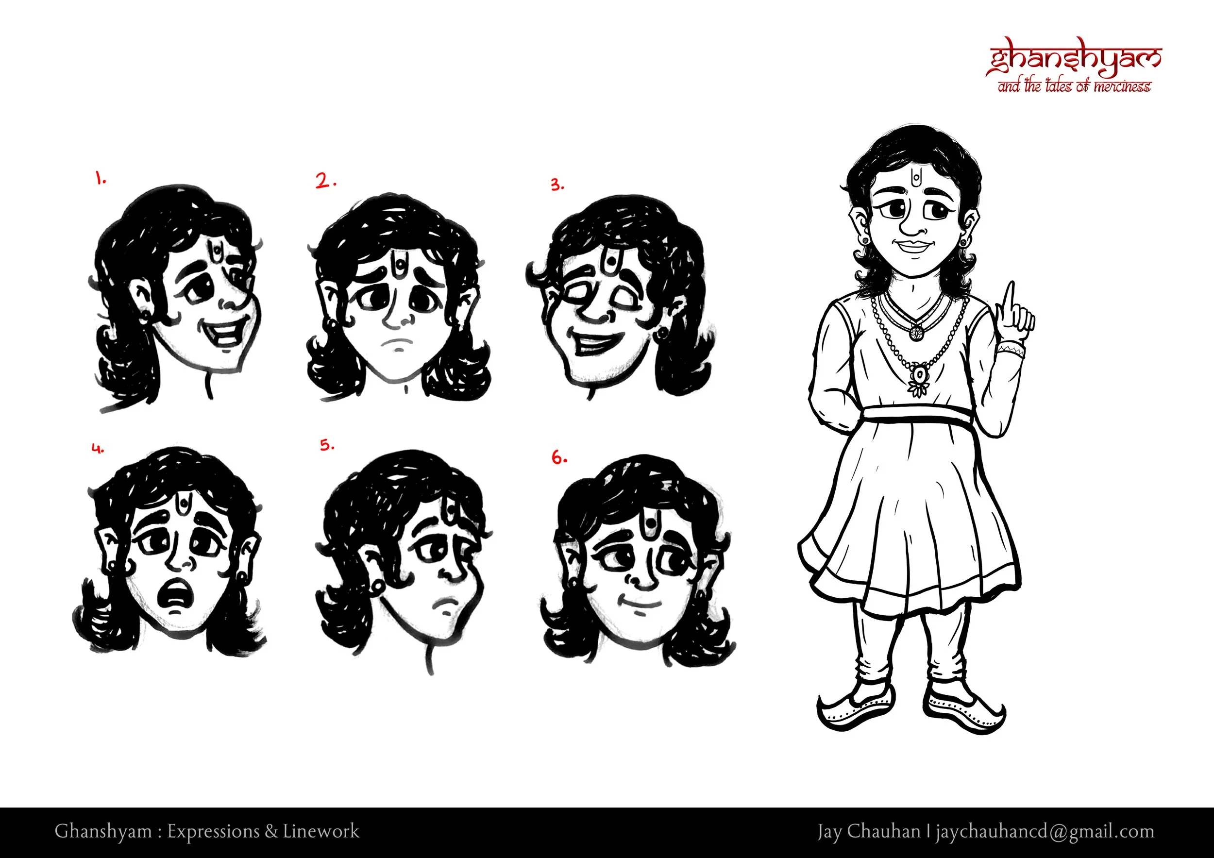 A sheet showing six emotional expressions of a person and a final full-body character illustration, titled 'Ghanshyam and the tales of merciless.' The expressions depict happiness, sadness, joy, fear, contemplation, and calmness, with each face numbered from 1 to 6. The character is dressed in traditional Indian attire, with jewelry, and has a tilak on the forehead, raising one finger as if explaining.