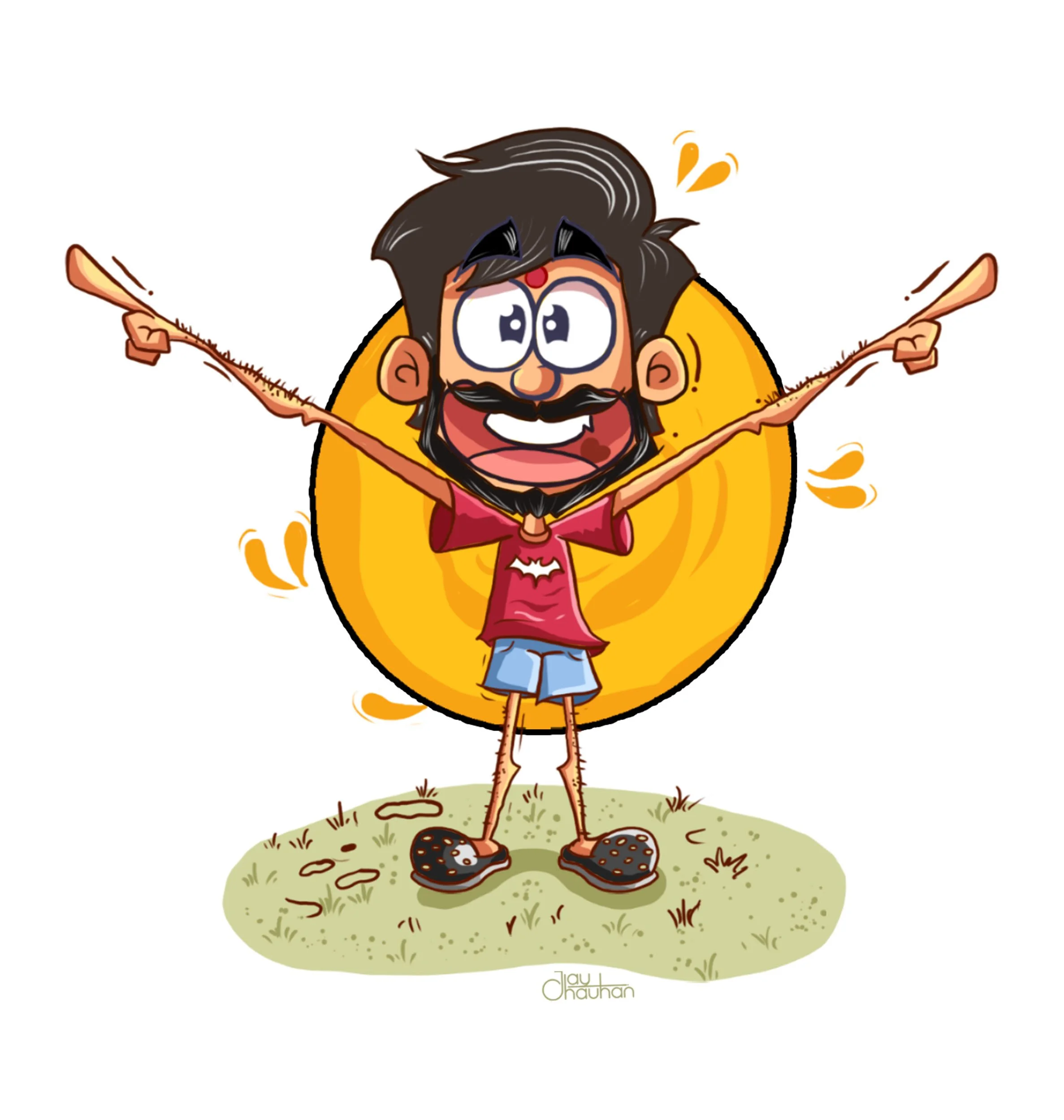 Cartoon man with a beard, wearing a red T-shirt, shorts, and sandals, standing outdoors with arms wide open and a big yellow sun behind him, smiling and looking happy.