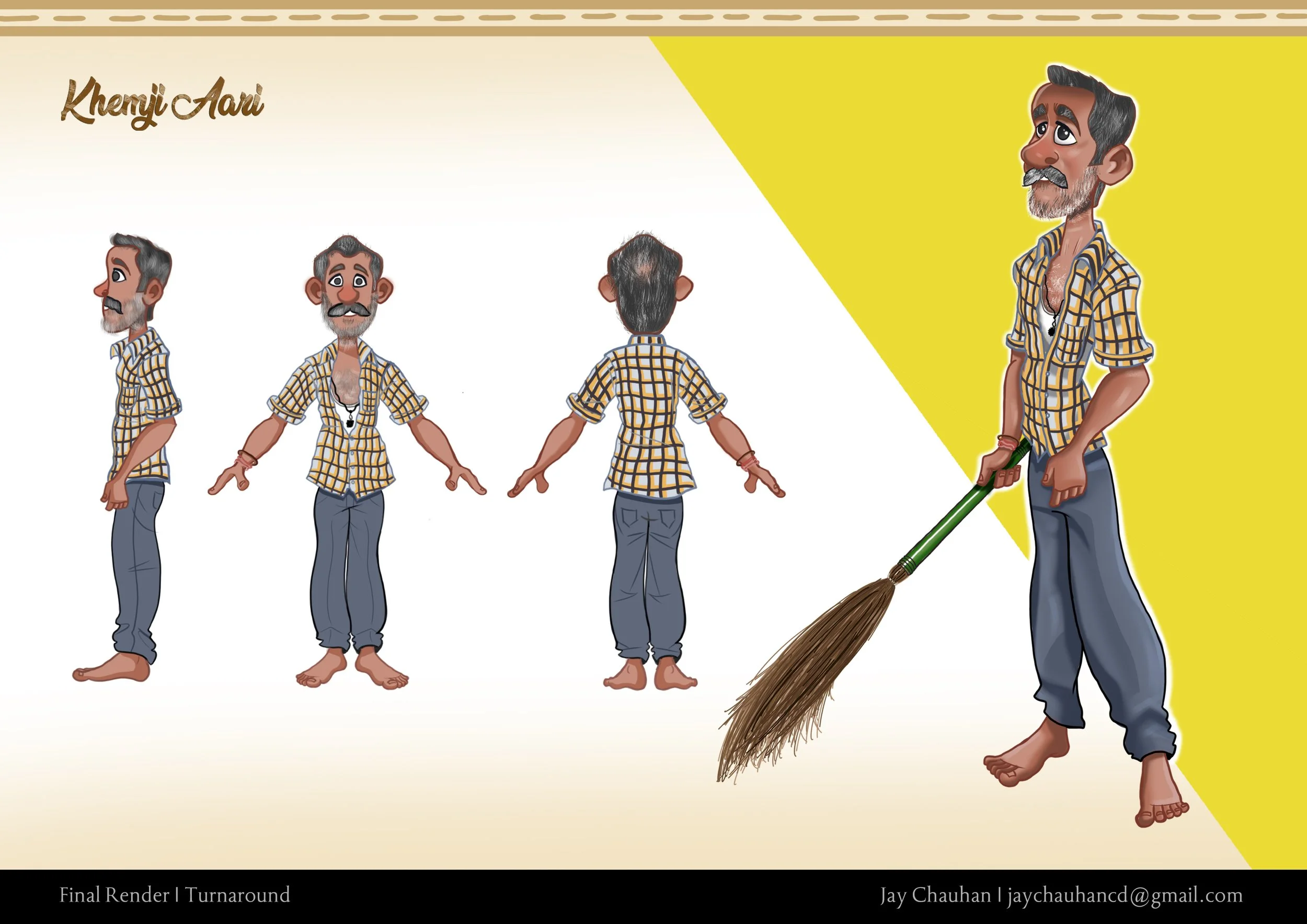 A digital illustration of a character named Khemji Aavi shown from different angles: front, side, and back. The character is a middle-aged man with gray hair, a beard, and a mustache, wearing a yellow checkered shirt and blue pants. In the rightmost pose, he is holding a broomstick and appears to be sweeping.