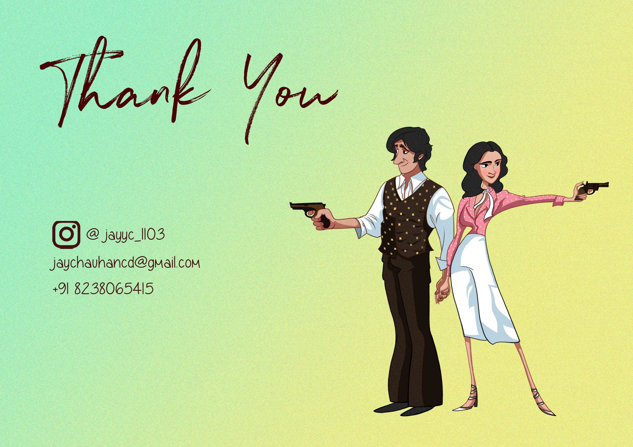 Thank you message with illustrated man and woman pointing guns, contact details for JayyC_1103, including Instagram handle, email, and phone number.