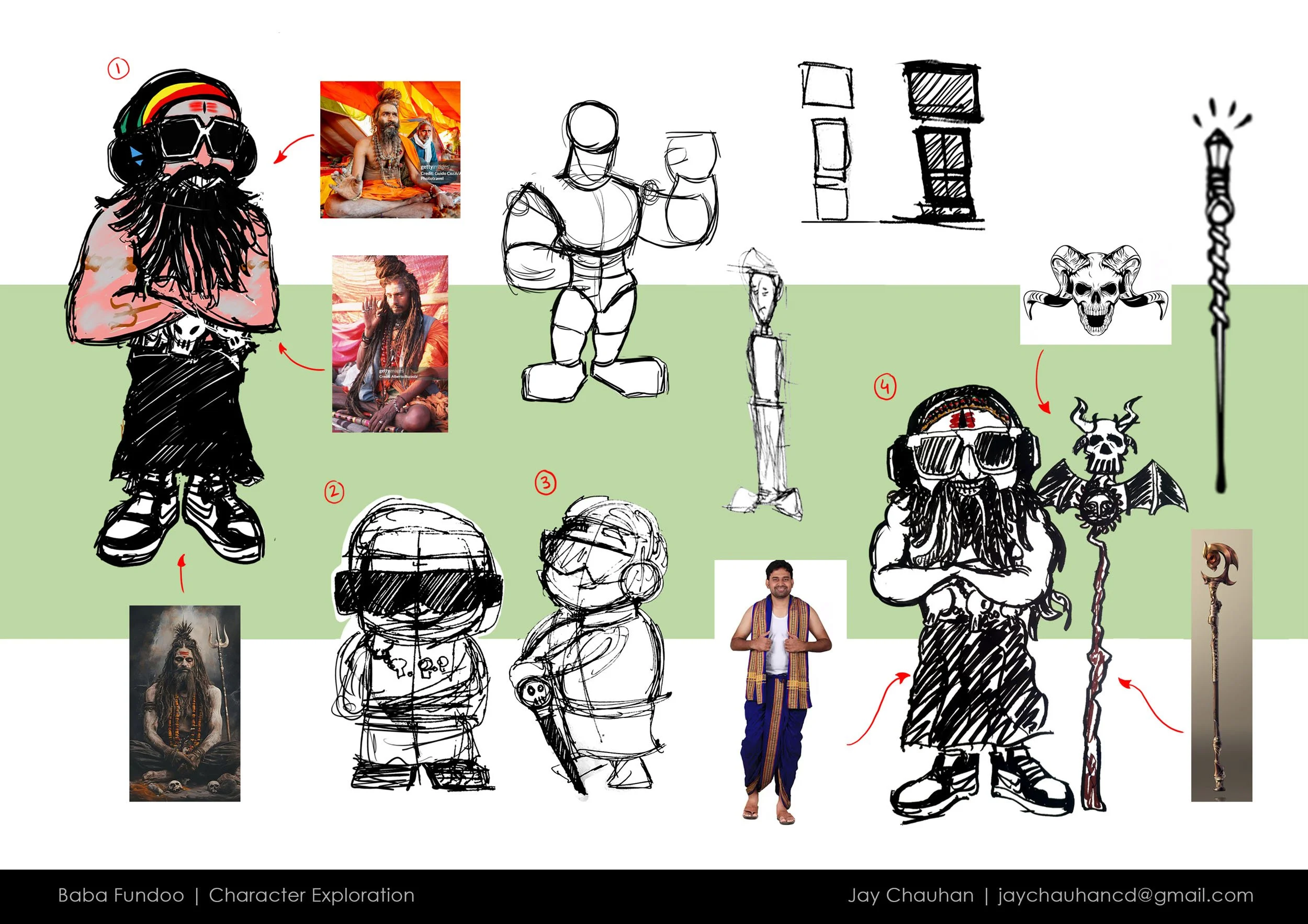 A character exploration of Baba Fundeo with sketches and photos showing different poses and details, including photographic references of a saintly figure, a person in traditional attire, and a staff, highlighting various design elements for a stylized, spiritual character.
