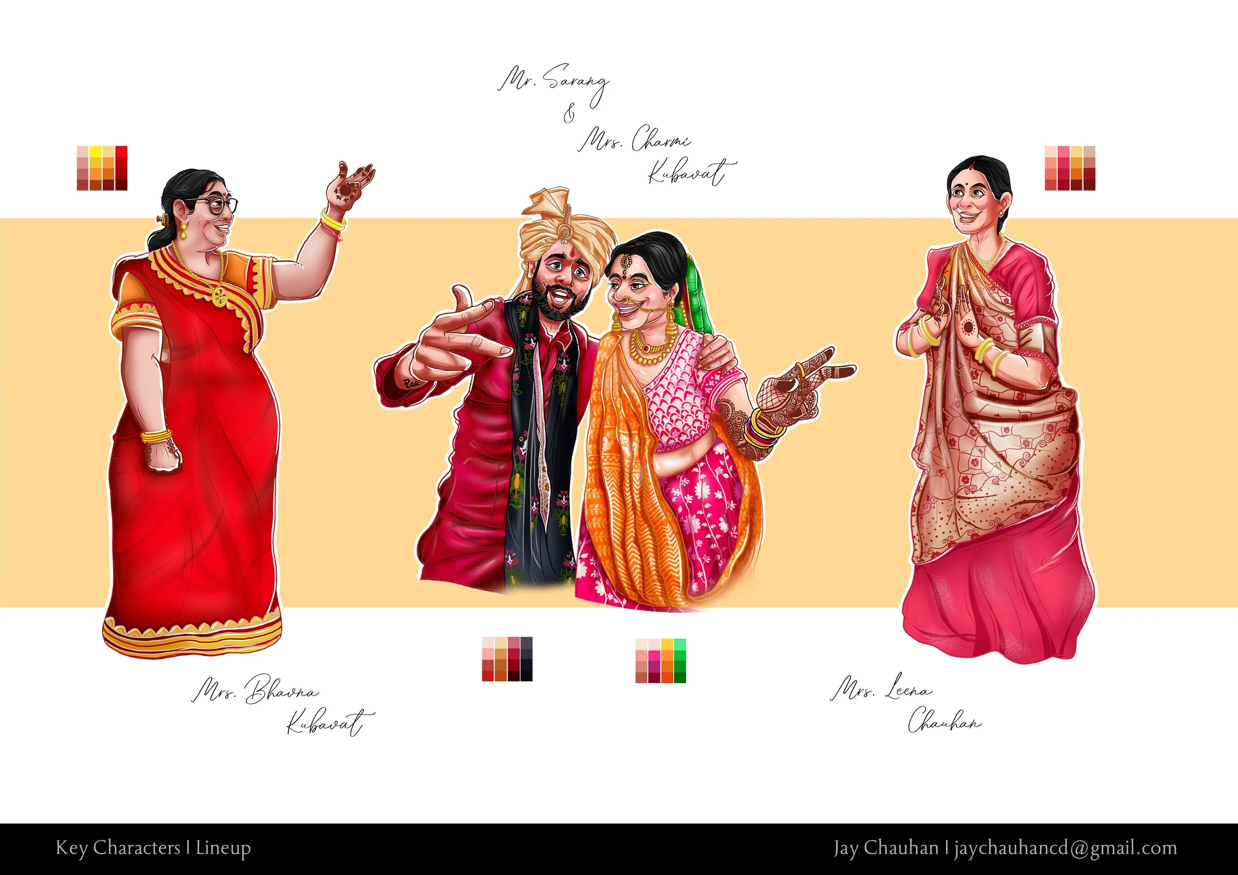Illustration of four people in traditional Indian attire, celebrating a wedding. The central couple, labeled Mr. Sarang and Mrs. Charma Kubavat, are dressed in colorful outfits, with the man in a turban and the woman in a pink saree. Two women, Mrs. Bhadra Kubavat on the left and Mrs. Leena Chauhan on the right, are also wearing sarees and jewelry, smiling and interacting enthusiastically.