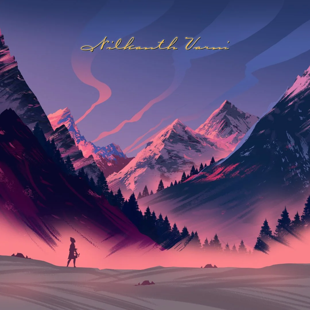 Digital illustration of a hiker walking in a mountain landscape at sunset, with snow-capped peaks, pine trees, and pink and purple sky. The words 'Nkikhaith Varri' are written in cursive at the top.