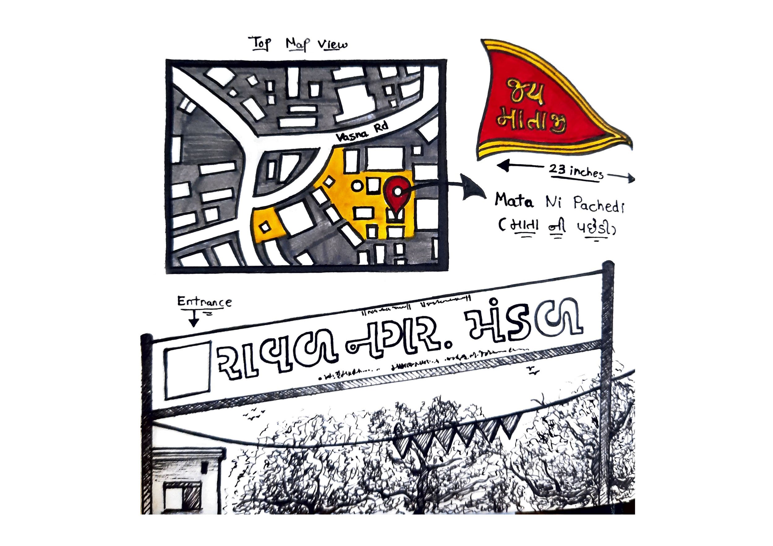 A hand-drawn map and information board showing the location of Mata Ni Pachedi, a temple or site, with a top view map, a red flag indicating the site, and signage in Gujarati script, along with a sketch of the entrance area and some decorative flags.