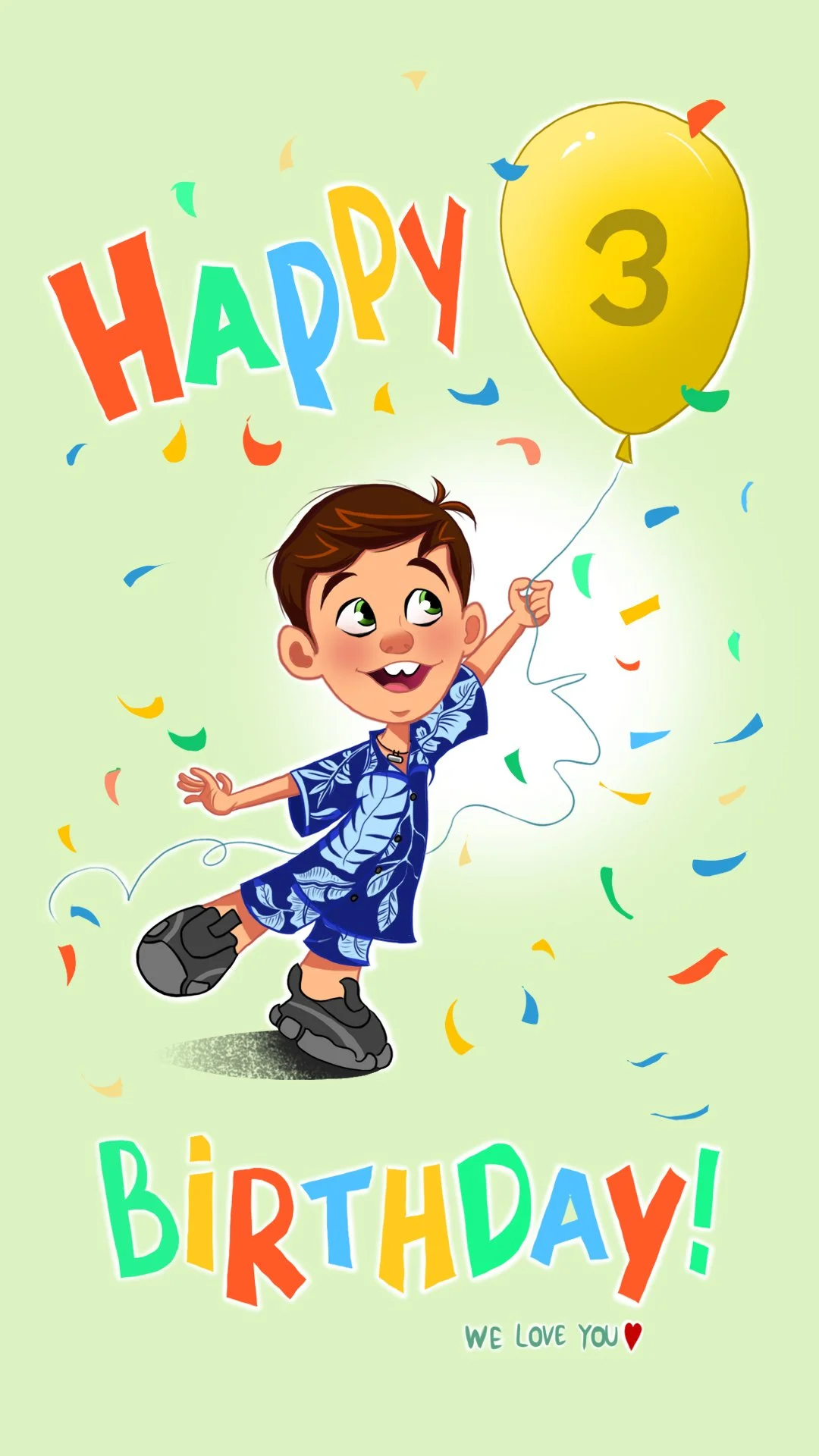 A colorful birthday greeting card features a cartoon boy in a blue shirt and shorts, roller skating, holding a yellow balloon with the number 3, surrounded by colorful confetti, with the words 'HAPPY BIRTHDAY!' and 'WE LOVE YOU' on a light green background.