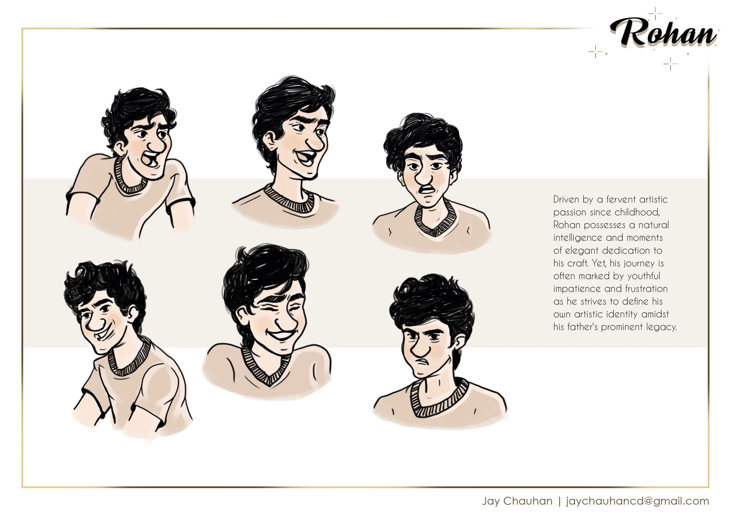 Drawings of a young man with different facial expressions, in various poses.