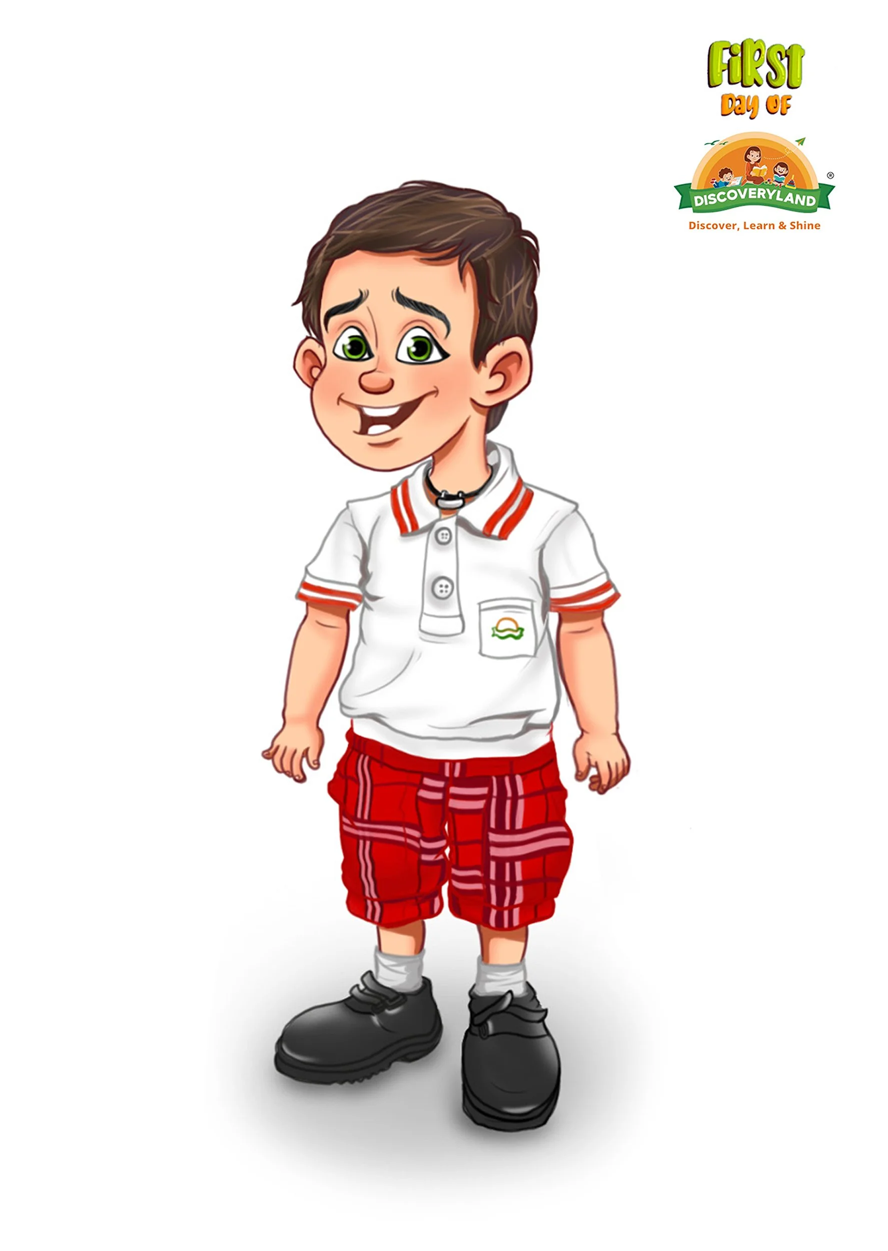 Cartoon of a young boy with brown hair and big green eyes, smiling, wearing a white shirt with red details, red plaid shorts, gray socks, and black shoes, standing against a plain white background.