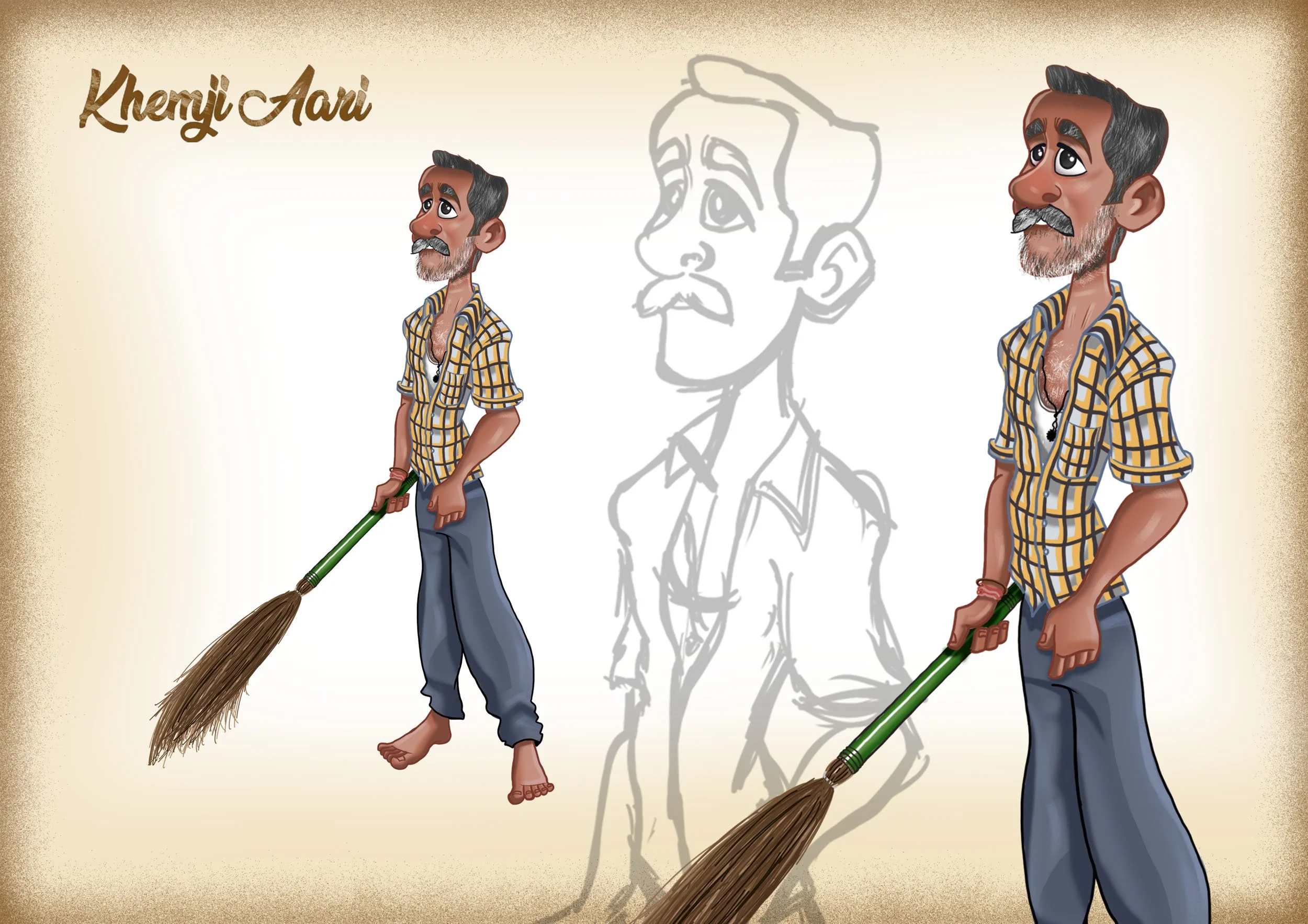 A cartoon illustration of a man with gray hair, mustache, and beard, wearing a checkered shirt and blue pants, holding a broomstick. There is a faded sketch of the same man in the background, and the name 'Khemji Aavi' written in cursive in the top left corner.