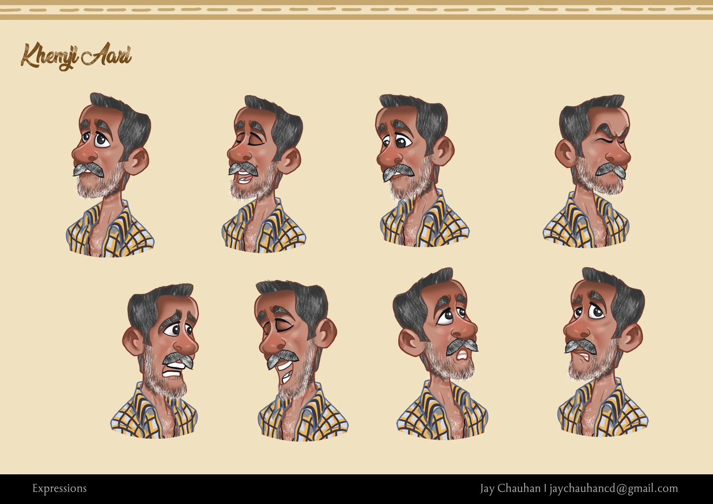 A grid of eight cartoon expressions of a middle-aged man with gray and black hair, a beard, wearing a yellow and blue checkered shirt, displaying various emotional reactions.