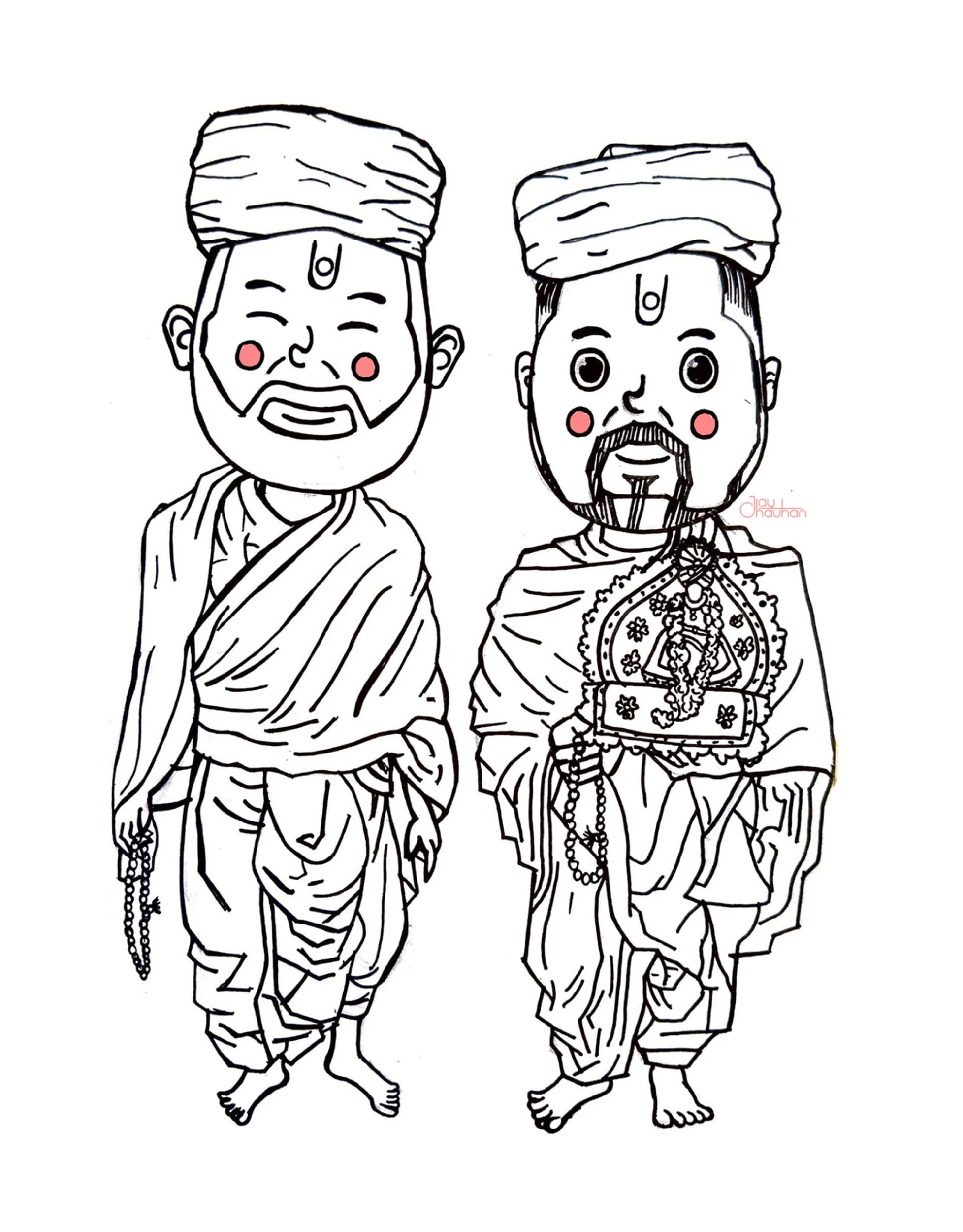 Black and white cartoon drawing of two men in traditional Indian attire with turbans, holding prayer beads and ornate objects, with cheerful facial expressions and rosy cheeks.