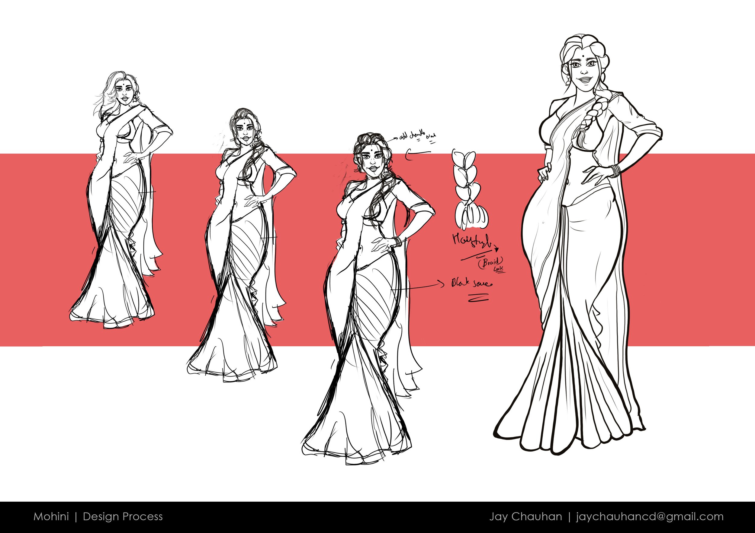 Fashion design sketches of a woman in a long, flowing dress with various poses, with notes about color and details, on a background with a red horizontal stripe.
