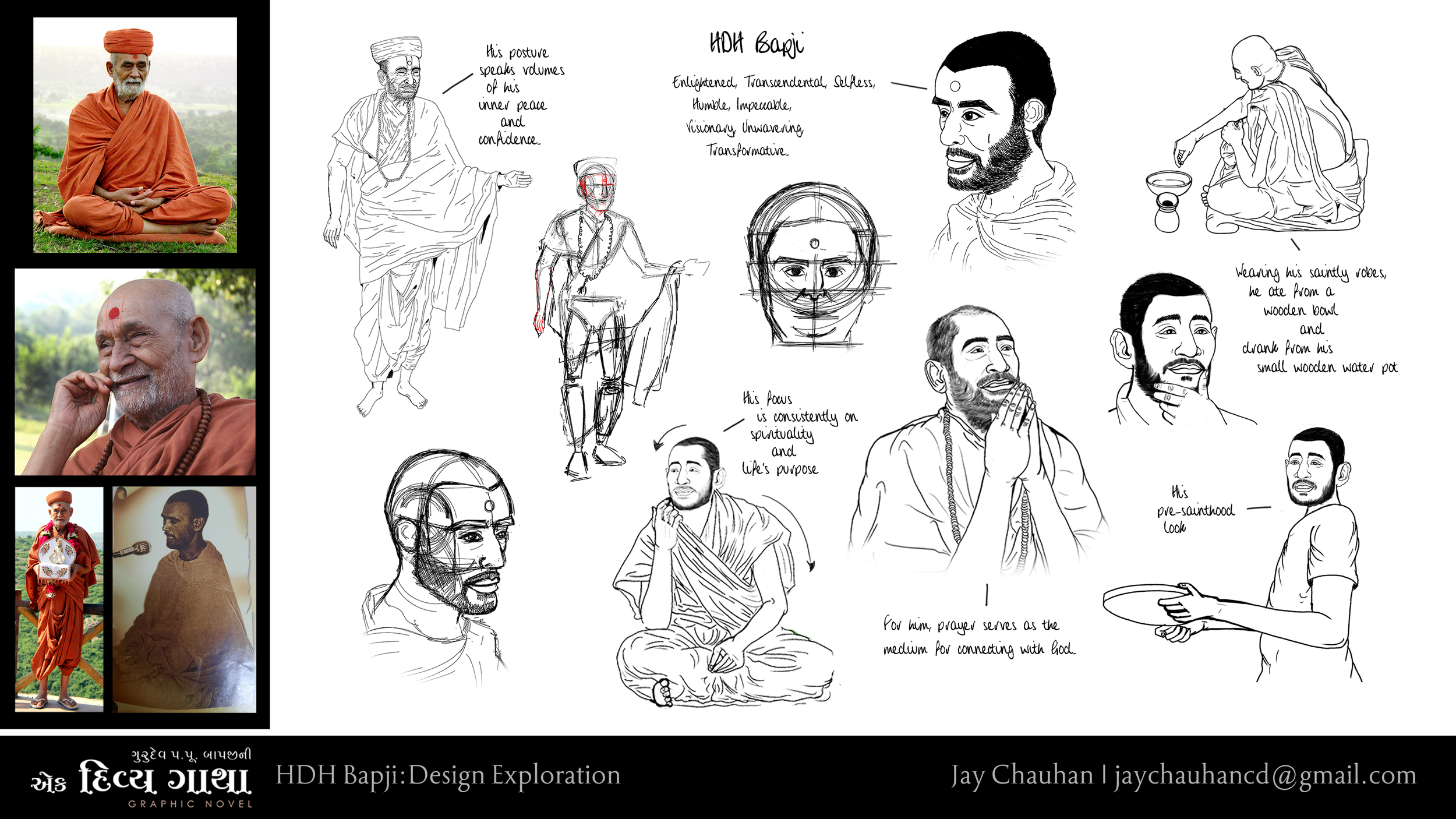 Series of sketches and photographs of an elder man in traditional Indian attire, depicting spiritual and cultural themes, with notes explaining his features and significance.