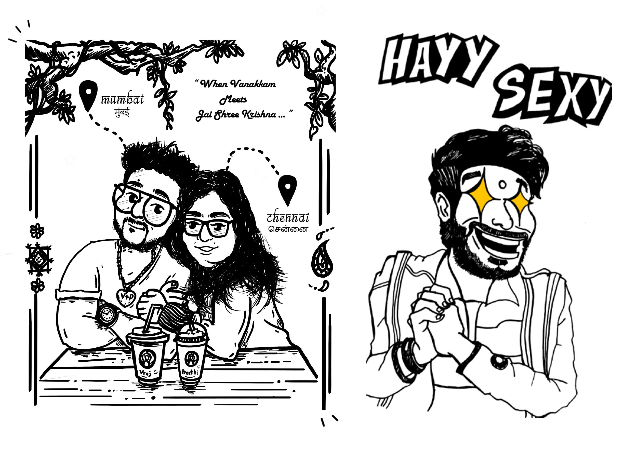 Black and white illustration of a couple sitting at a table with drinks, with an artistic background including a map of Mumbai and Chennai, and a man smiling with stars in his eyes with the words 'HAYY SEXY' above him.
