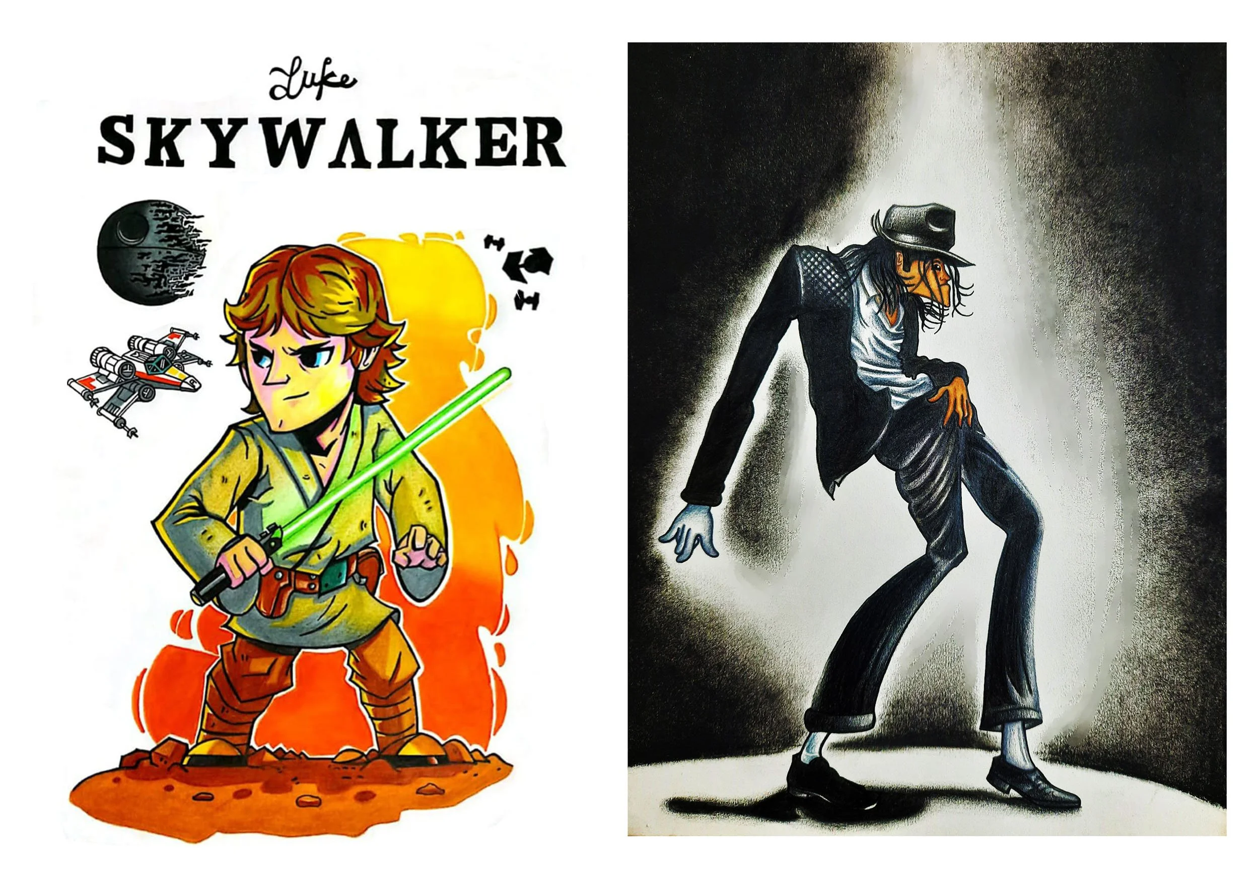 Side-by-side images of characters inspired by Star Wars. The left image is a cartoon-style depiction of Luke Skywalker holding a green lightsaber, with an X-wing starfighter, the Death Star, and Princess Leia in the background. The right image is a black-and-white illustration of a woman with long hair, wearing a hat and suit, in a dynamic pose with a smoky background.