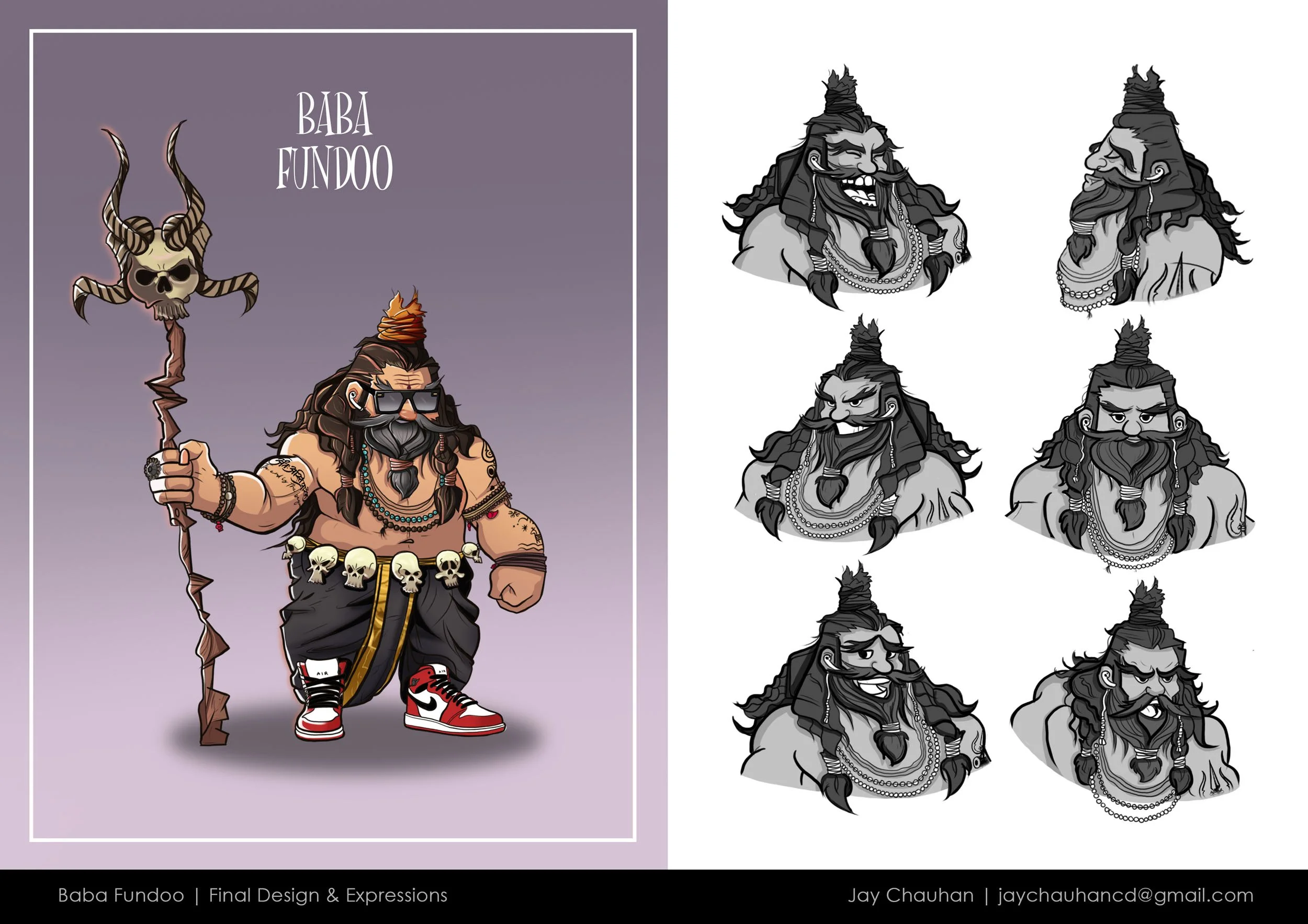 Colorful cartoon drawing of a muscular man with long dreadlocks, sunglasses, and a beard, wearing a chain necklace, black pants with skull belt, Nike sneakers, and holding a staff with a skull and horns, standing against a purple background with the text 'BABA FUNDOO'.