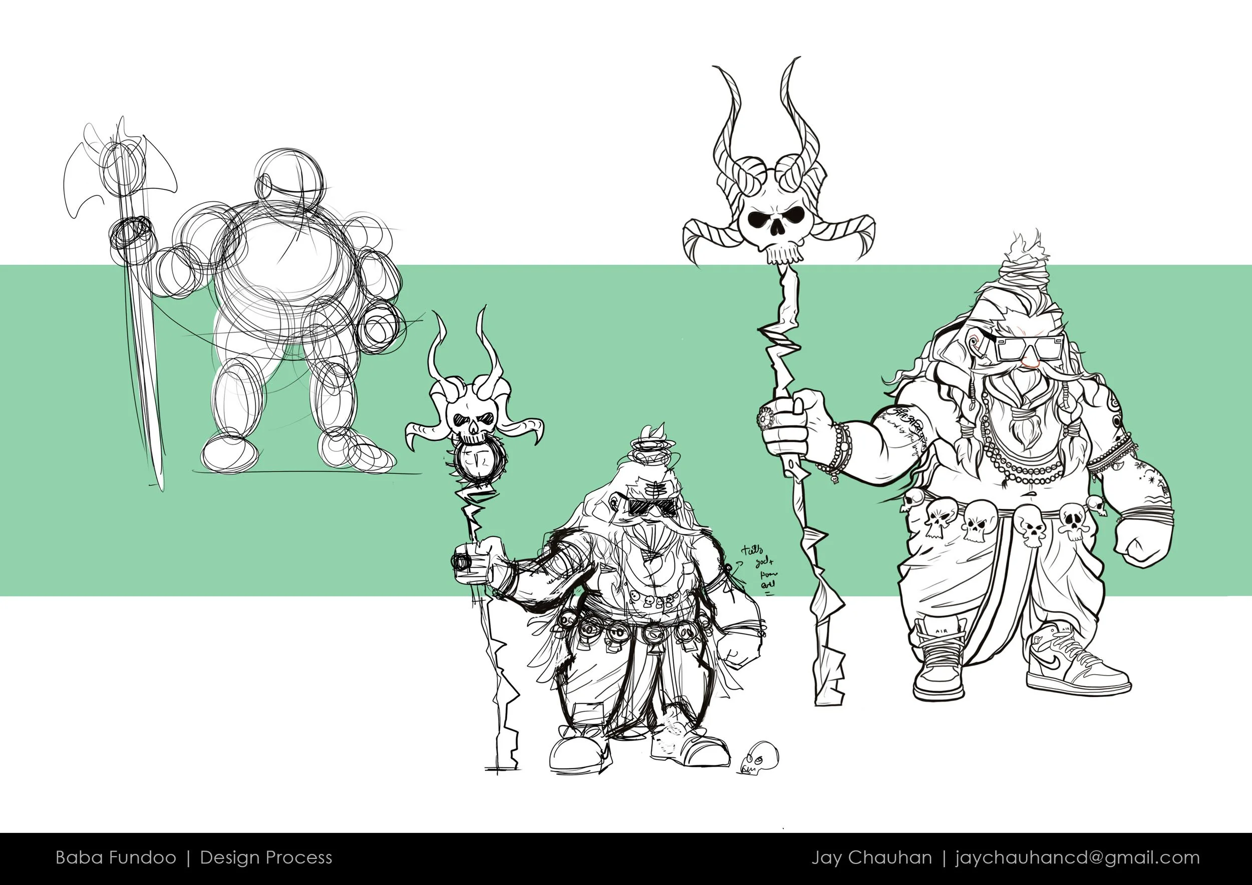 Sketch of two fantasy characters, one with horns and skulls, holding a staff, and another with a beard, glasses, and tattoos, holding a staff with a skull, set against a green stripe.