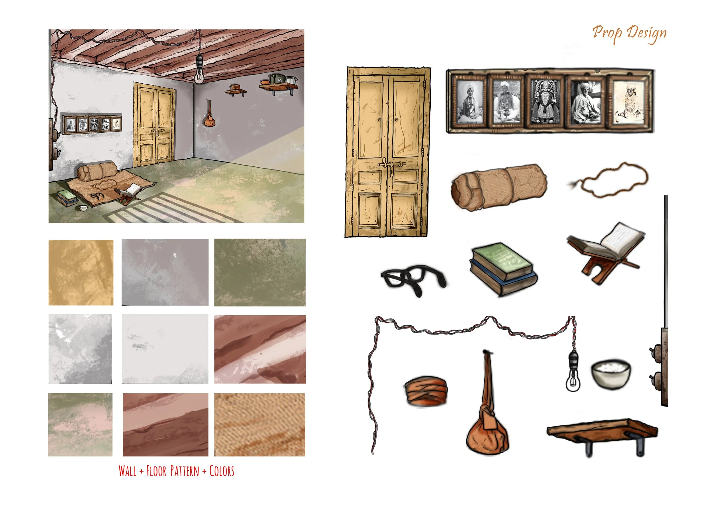 A digital illustration of a rustic room interior with wooden ceiling beams, a closed wooden door, wall art, and various decor items. Right side shows prop design elements including a door, old photographs, rolled rug, open book, glasses, books, hanging lights, bowl, and small furniture.
