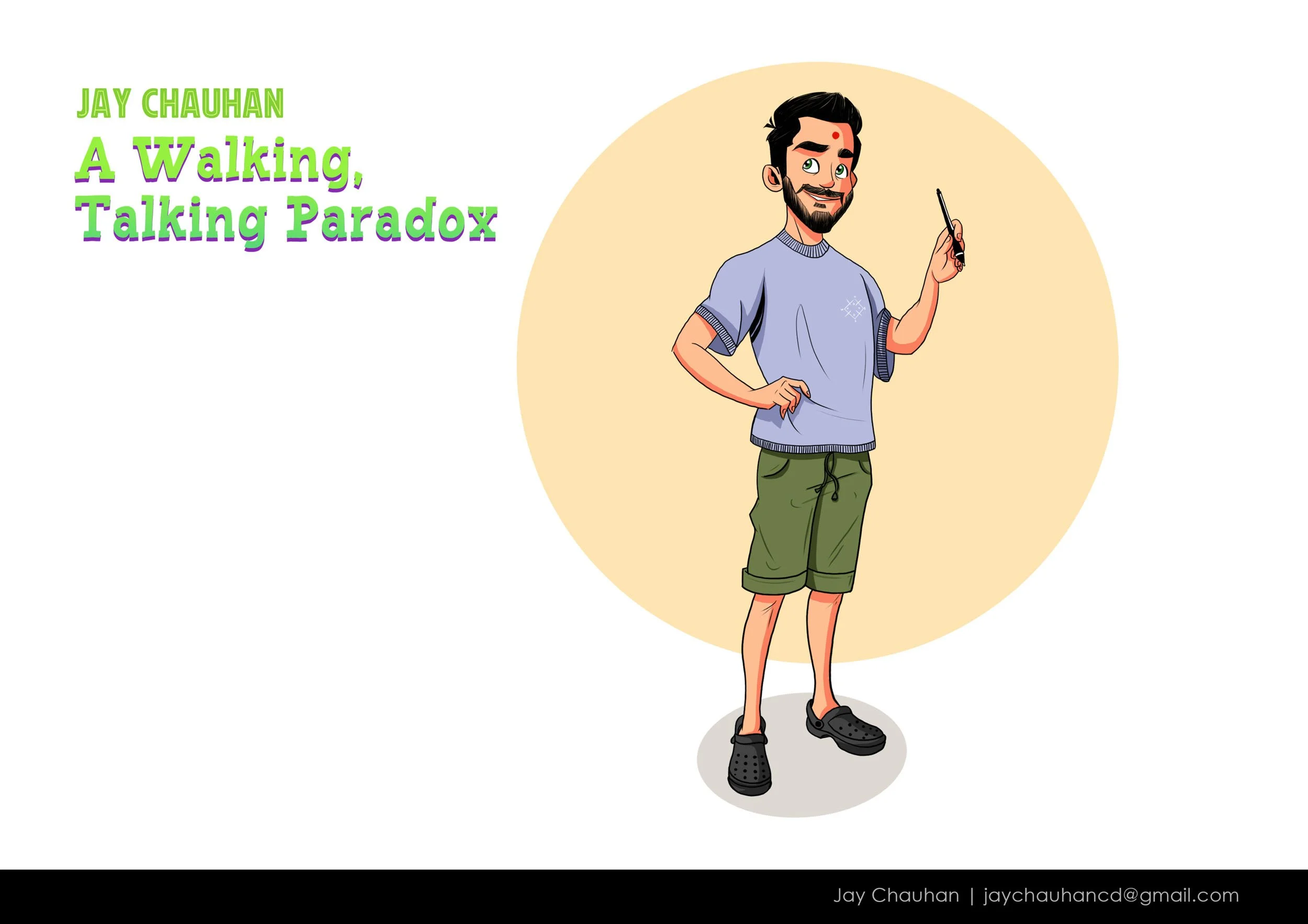 Cartoon illustration of a man with a beard and mustache, wearing a light blue t-shirt, green shorts, and black slippers, holding a smartphone in his right hand, standing with one hand on his hip against a beige circular background. Text on the left side reads: "Jay Chauhan: A Walking, Talking Paradox."