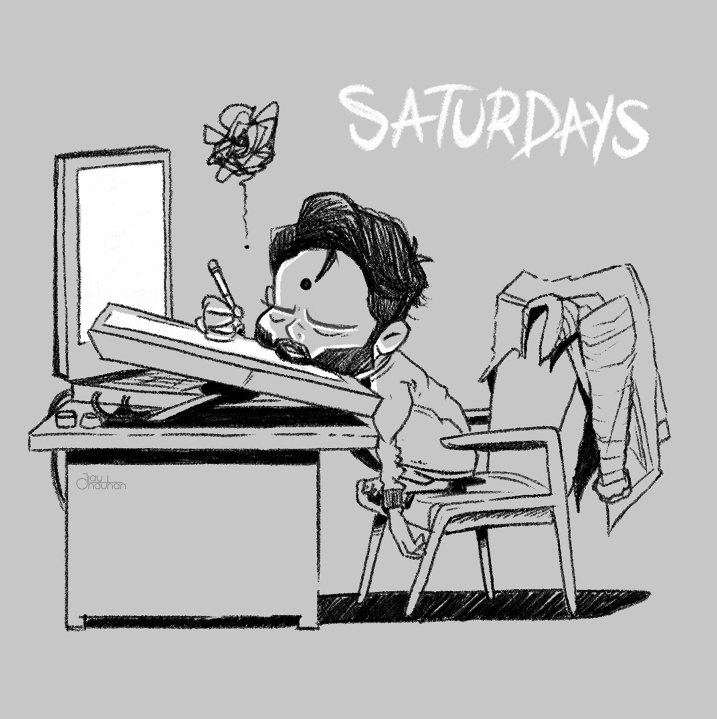 A cartoon drawing of a man sitting at a desk with a computer, holding a pen, with the word 'SATURDAYS' written on the wall behind him.