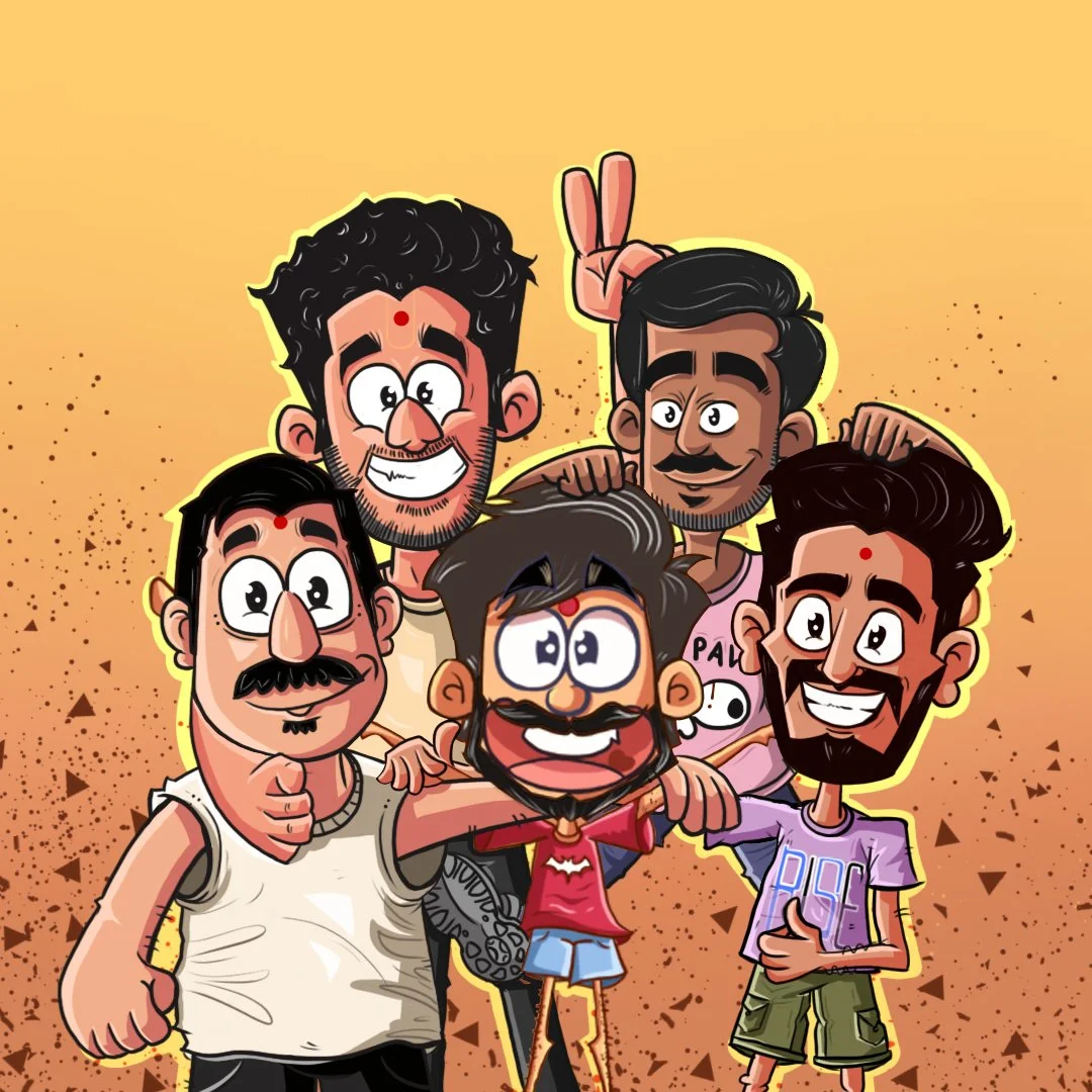 A group of five animated men smiling and posing together, with some showing peace signs and thumbs up, against an orange background with splatters.