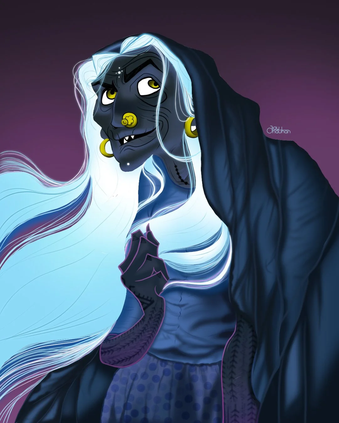 Digital artwork of a mystical witch with black skin, long white hair, and glowing white streaks. She has yellow eyes, a yellow nose ring, gold hoop earrings, and sharp teeth. She wears a dark hooded cloak and has tattoos on her arm. Her hands are together in a prayer gesture, and the background is dark purple.