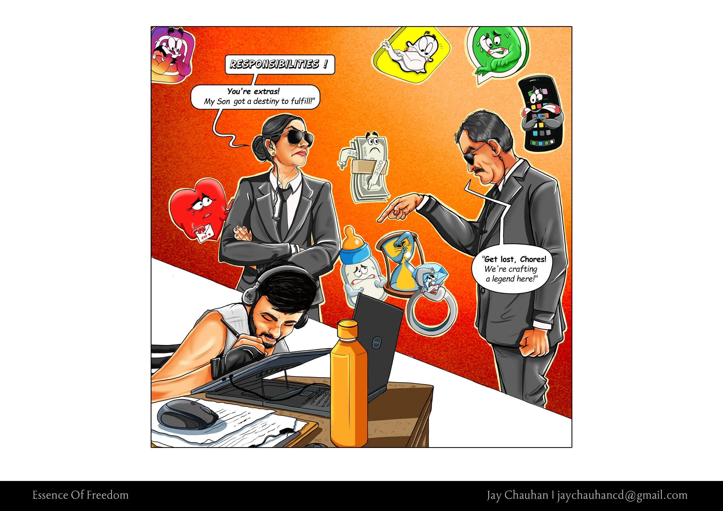 A digital illustration of a person working on a laptop at a desk, surrounded by cartoon characters and two people in suits. The woman on the left wears headphones and appears focused. The two men are dressed in suits; one has sunglasses and points at the laptop, while the other has crossed arms and sunglasses, with a speech bubble saying, "Get lost, Chores! We're crafting a legend here!". The background is orange with various cartoon character icons and expressions, including a heart, a stack of money, and others.