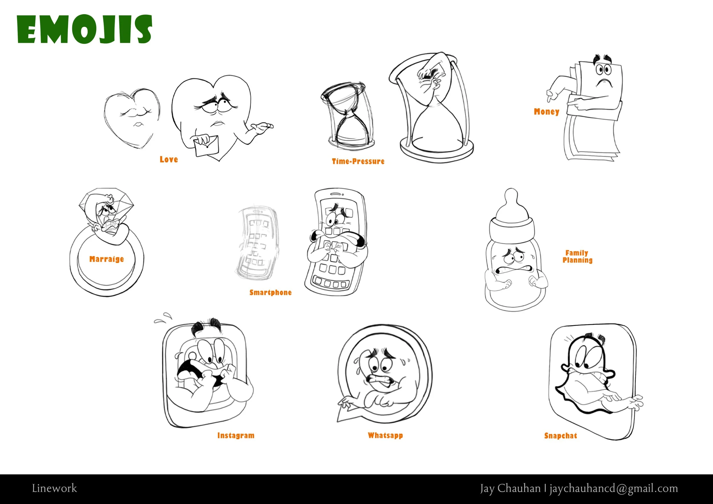 Sketches of emojis representing various emotions and concepts, with some labeled in orange such as Love, Time-Pressure, Money, Marriage, Smartphone, Family Planning, Instagram, Whatsapp, and Snapchat.
