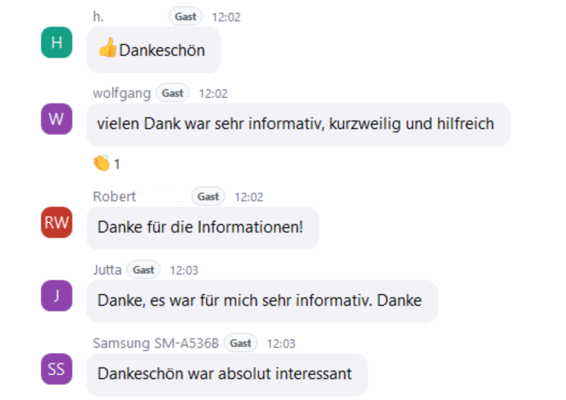 Screenshots einer Chat-Konversation in deutscher Sprache mit mehreren Teilnehmern, die sich für eine informative Präsentation bedanken.