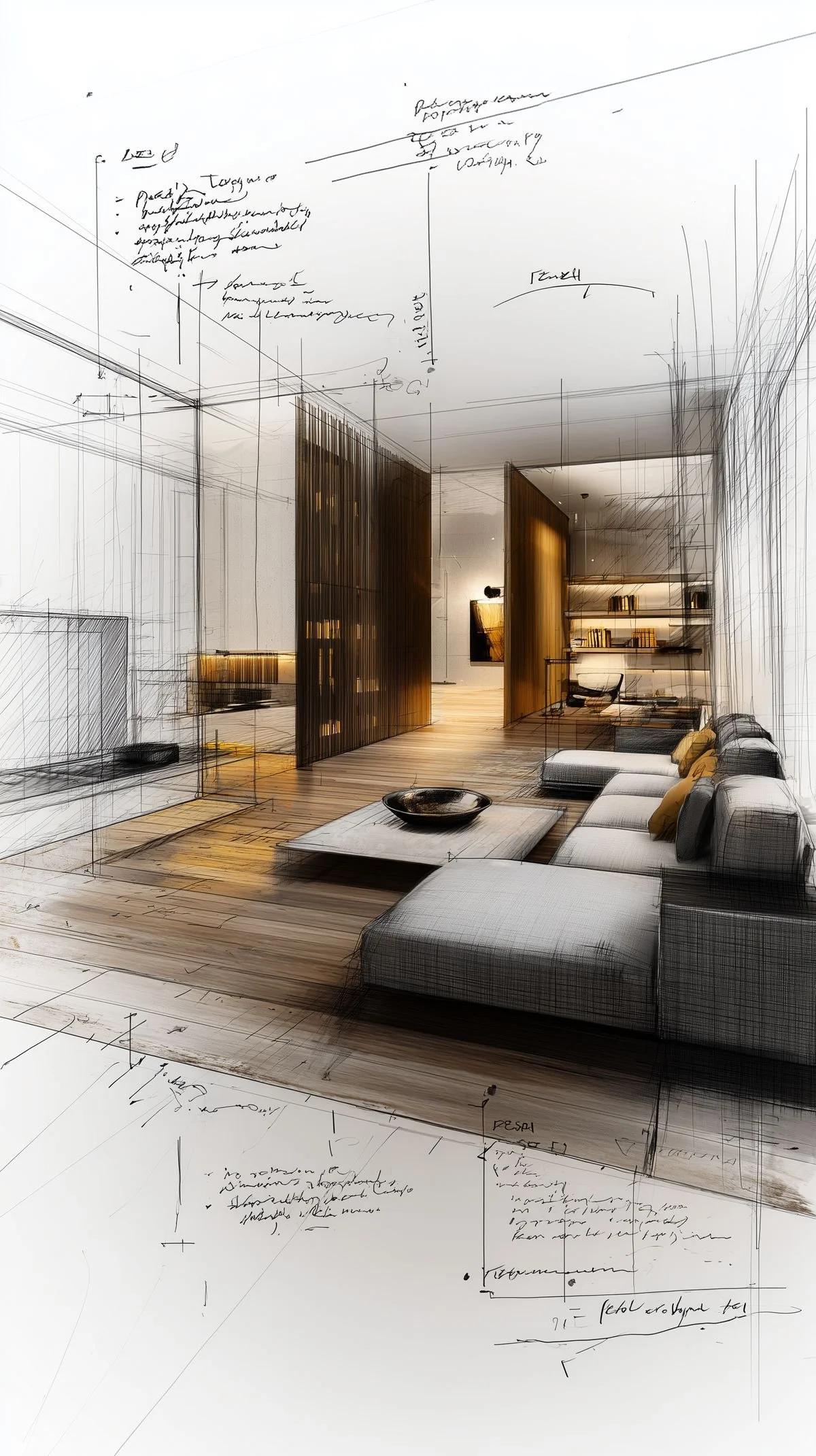 A modern living room interior design drawing with a photo overlay, showing a sofa with cushions, a coffee table, a wooden partition, a bookshelf, and a chair.