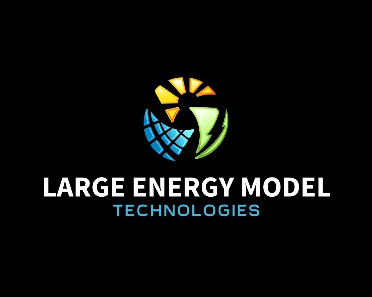 Logo featuring a globe with a sun and lightning bolt symbols, accompanied by the text 'Large Energy Model Technologies' on a black background.