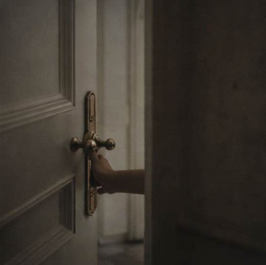 A person is opening a door with a brass handle.