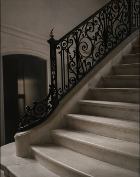 Interior staircase with marble steps and ornate black wrought iron railing.