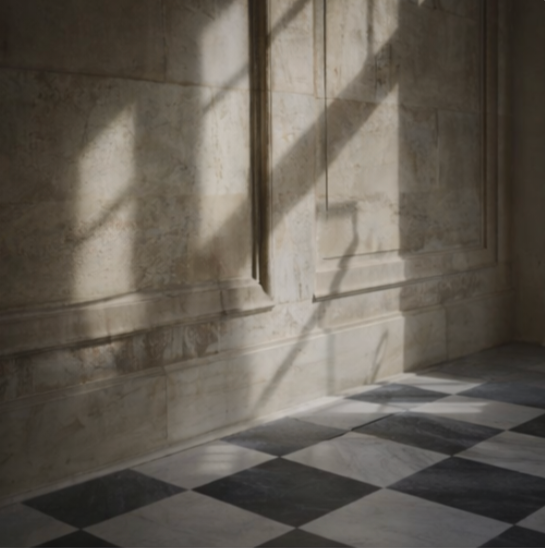Sunlight casting shadow on beige textured wall and checkered black-and-white marble floor.