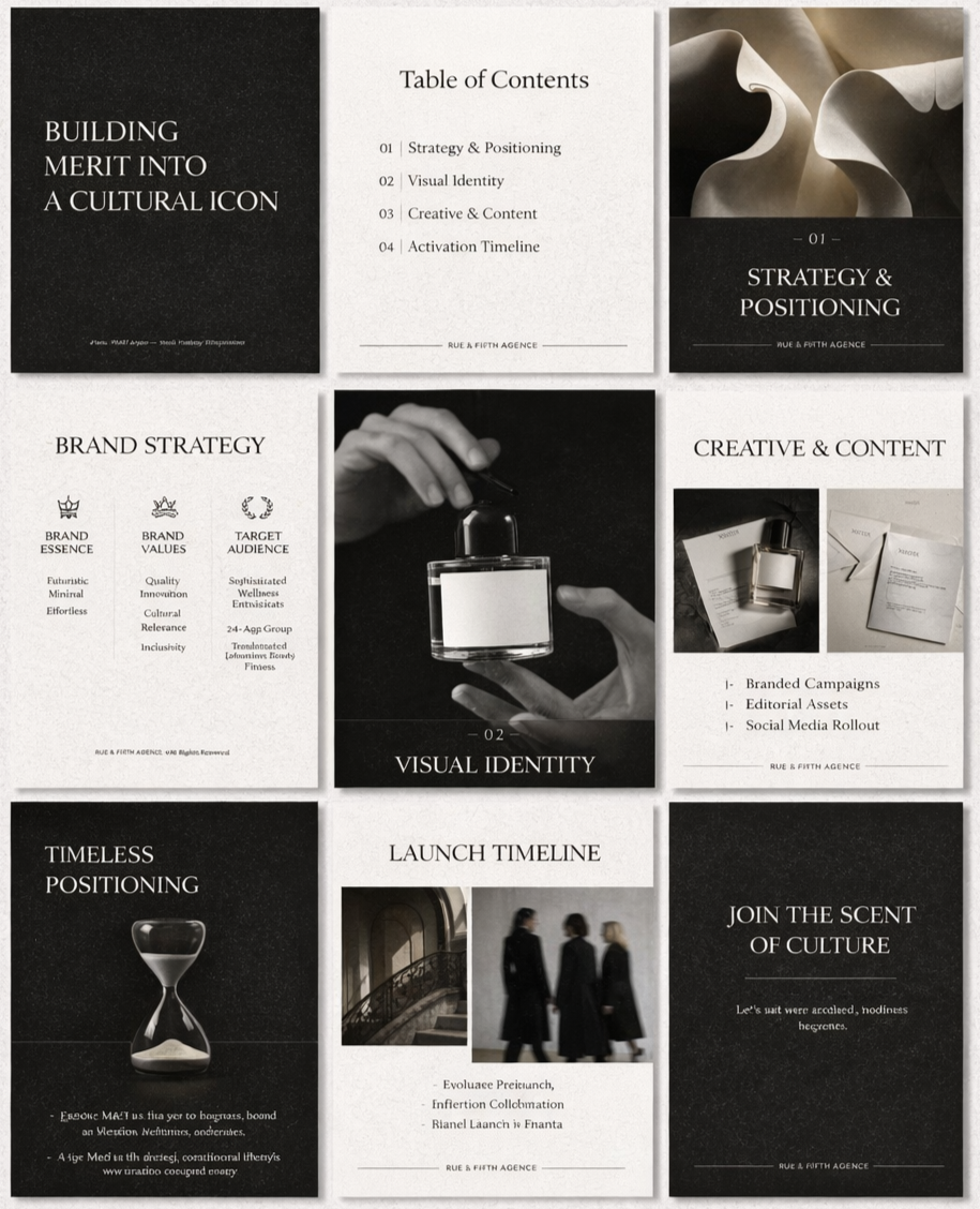 A presentation board with multiple slides about branding, strategy, and marketing, including sections on strategy & positioning, visual identity, creative content, brand strategy, and launch timeline, with images of perfume bottles, a sand timer, and three women walking.
