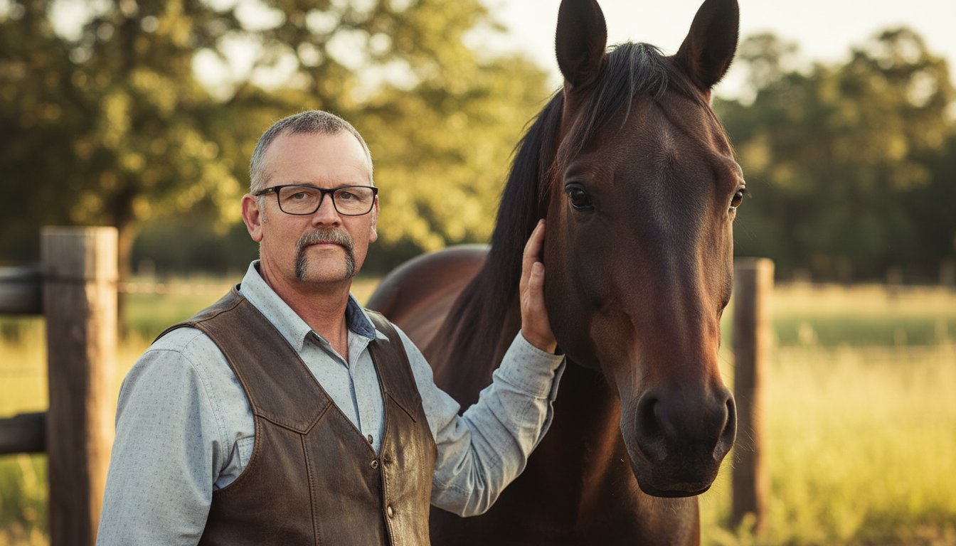 Ein Mann mit Brille und grauem Bart streichelt ein braunes Pferd auf einer Weide bei Sonnenuntergang, im Hintergrund Bäume.