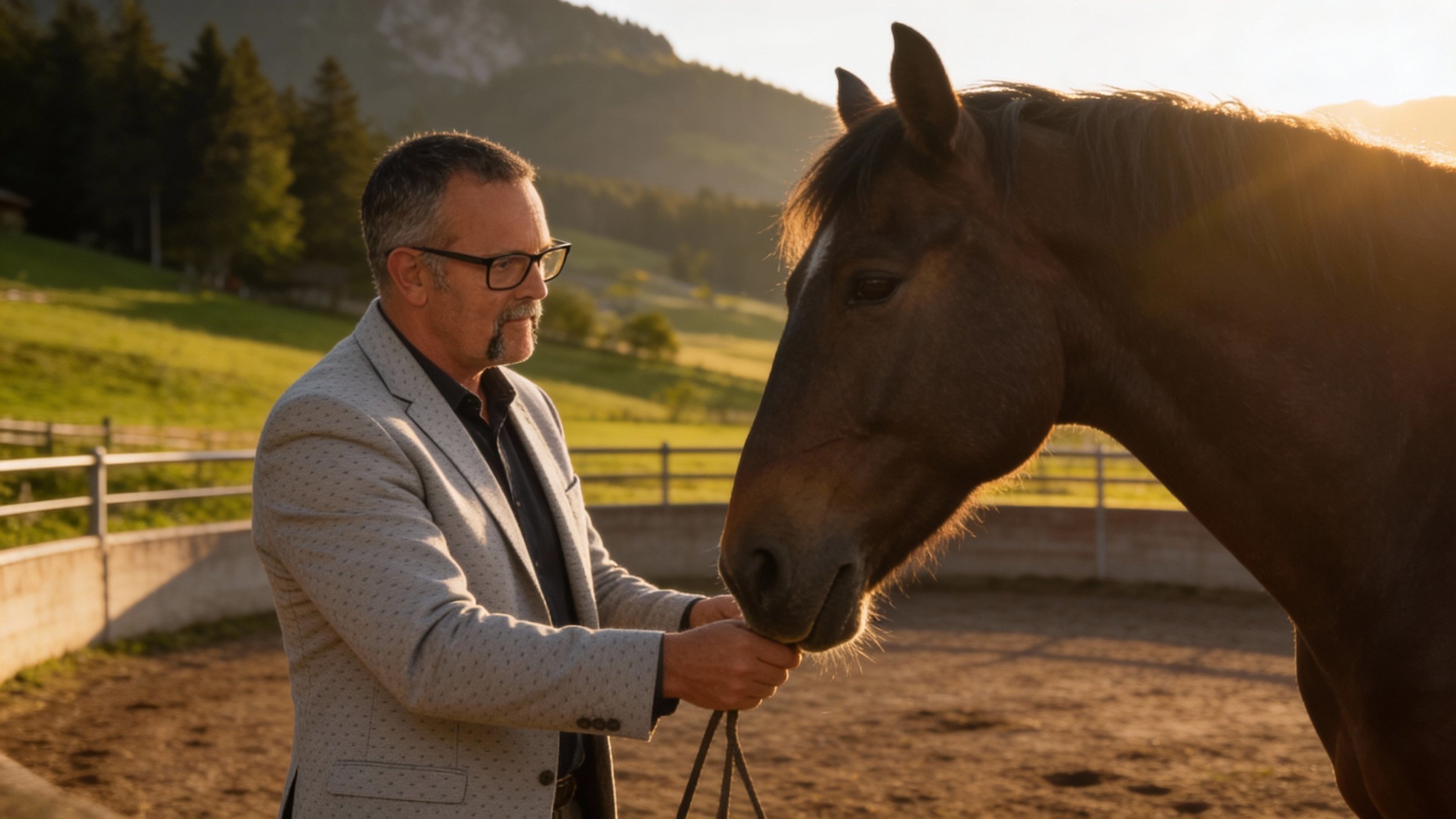 Ein Mann im Anzug streichelt ein Pferd im Sonnenuntergang auf einer Reitbahn mit grünen Hügeln im Hintergrund.