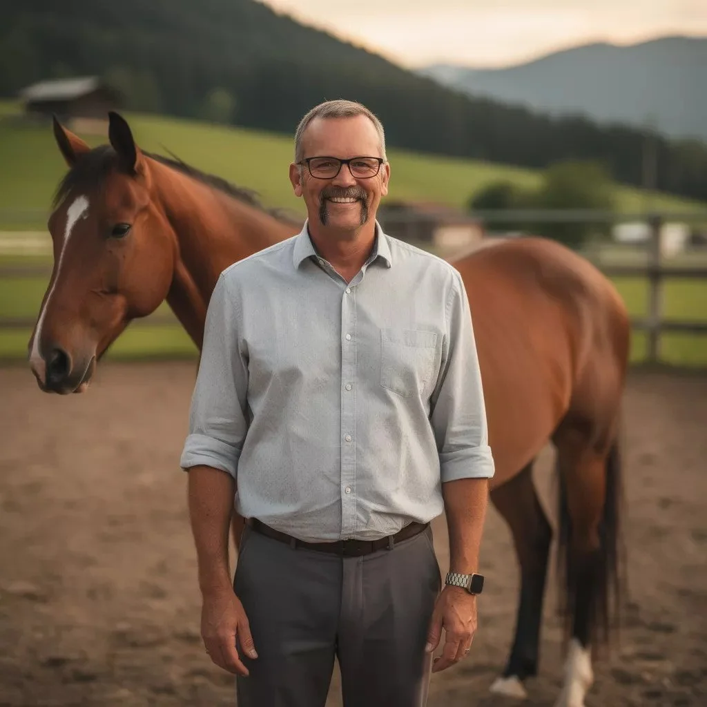 Ein Mann trägt eine weiße Hemd und eine Armbanduhr, steht vor einem braunen Pferd auf einer Koppel mit grünen Hügeln und Bergen im Hintergrund bei Sonnenuntergang.